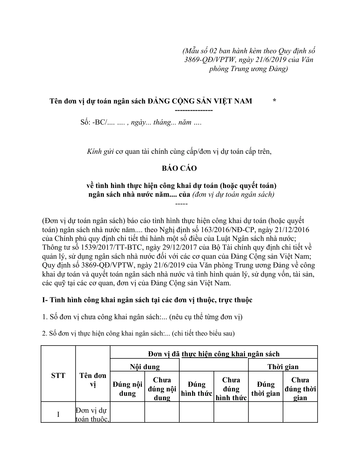 MẪU BÁO CÁO VỀ TÌNH HÌNH THỰC HIỆN CÔNG KHAI DỰ TOÁN (HOẶC QUYẾT TOÁN) NGÂN SÁCH NHÀ NƯỚC TẠI CÁC CƠ QUAN, ĐƠN VỊ CỦA ĐẢNG Ở CÁC CẤP