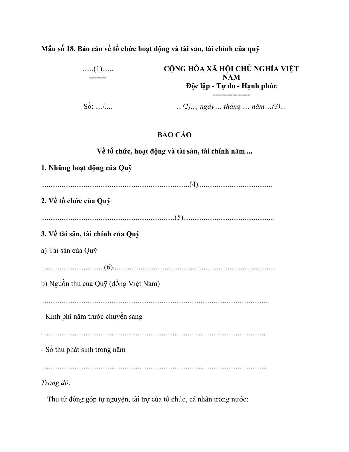 MẪU BÁO CÁO VỀ TỔ CHỨC HOẠT ĐỘNG VÀ TÀI SẢN, TÀI CHÍNH CỦA QUỸ XÃ HỘI, QUỸ TỪ THIỆN