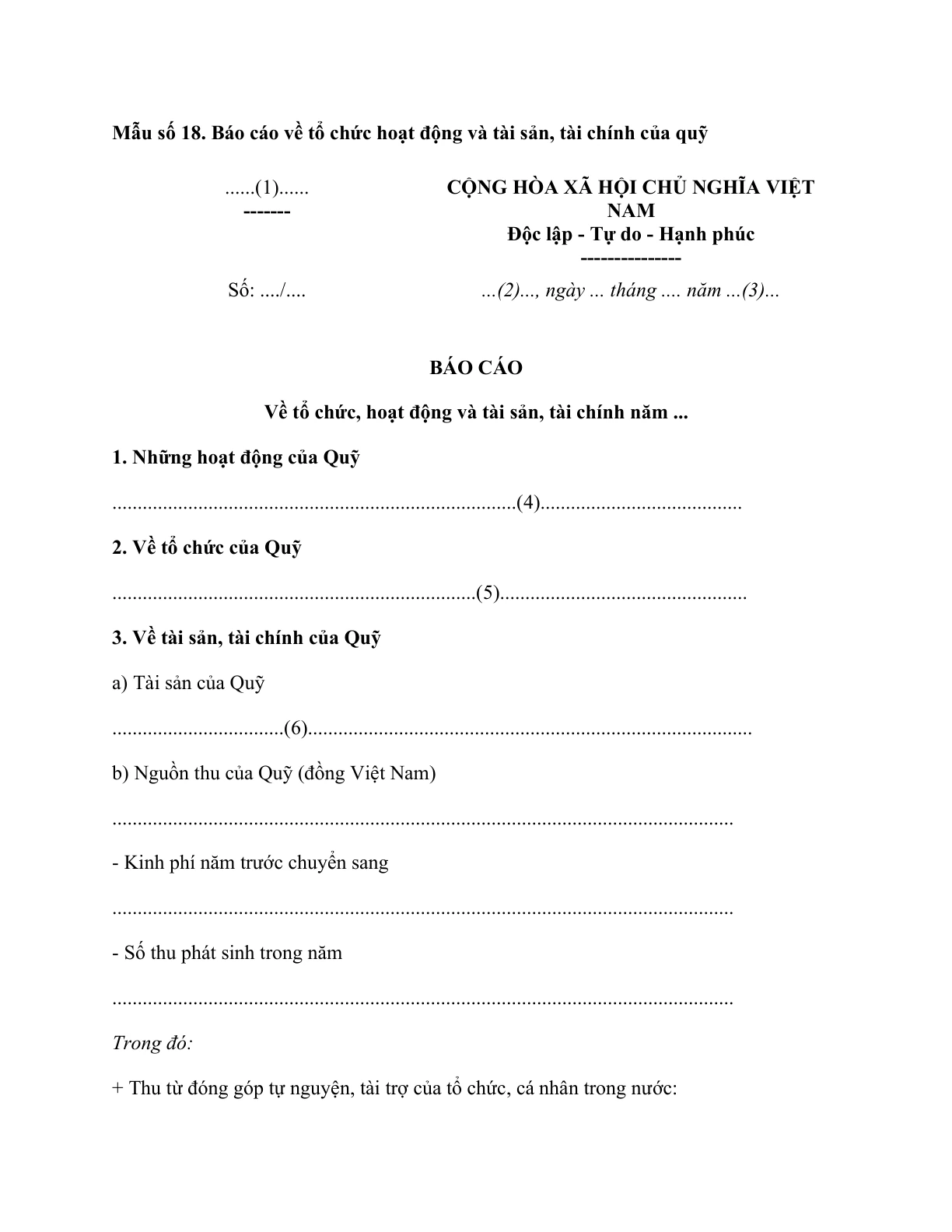 MẪU BÁO CÁO VỀ TỔ CHỨC HOẠT ĐỘNG VÀ TÀI SẢN, TÀI CHÍNH CỦA QUỸ XÃ HỘI, QUỸ TỪ THIỆN