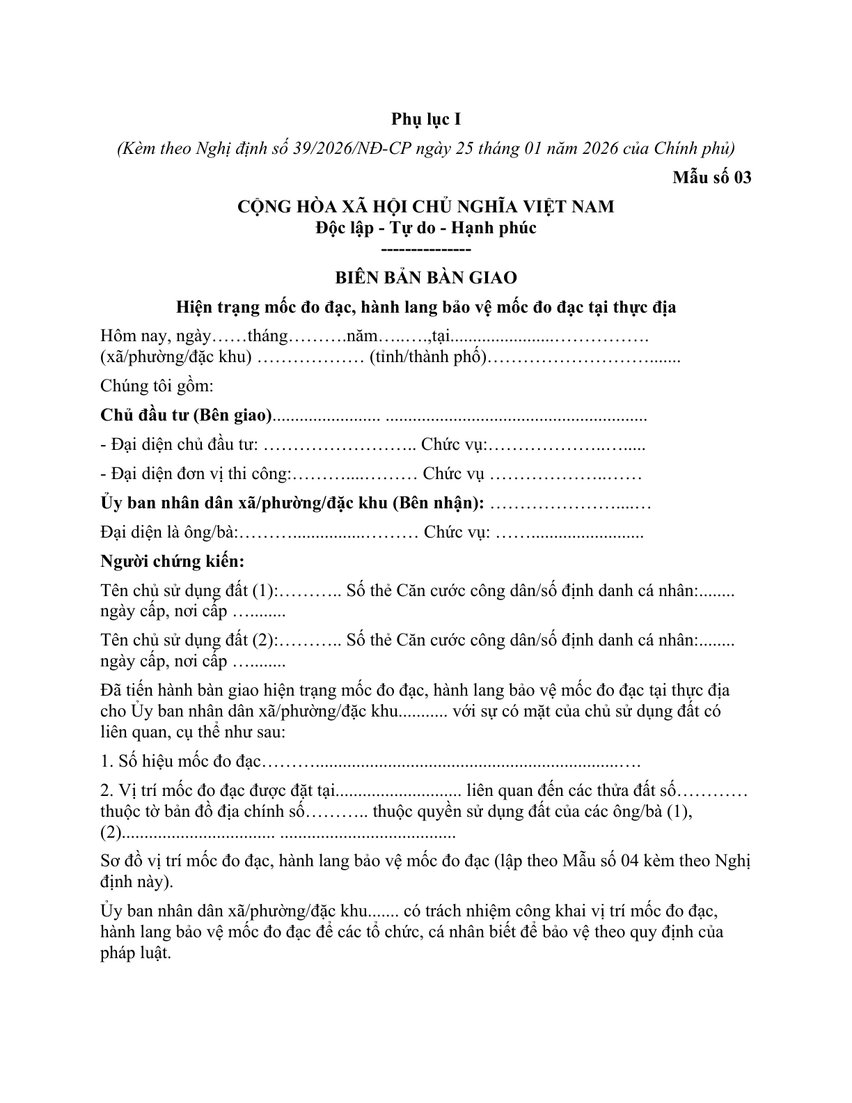 MẪU BIÊN BẢN BÀN GIAO HIỆN TRẠNG MỐC ĐO ĐẠC, HÀNH LANG BẢO VỆ MỐC ĐO ĐẠC TẠI THỰC ĐỊA
