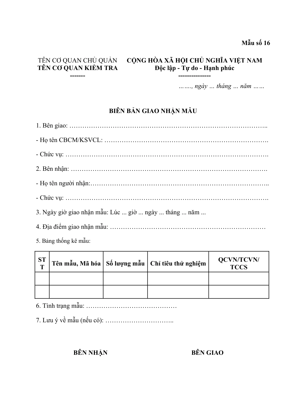 MẪU BIÊN BẢN GIAO NHẬN MẪU SẢN PHẨM, HÀNG HÓA ĐỂ KIỂM TRA CHẤT LƯỢNG
