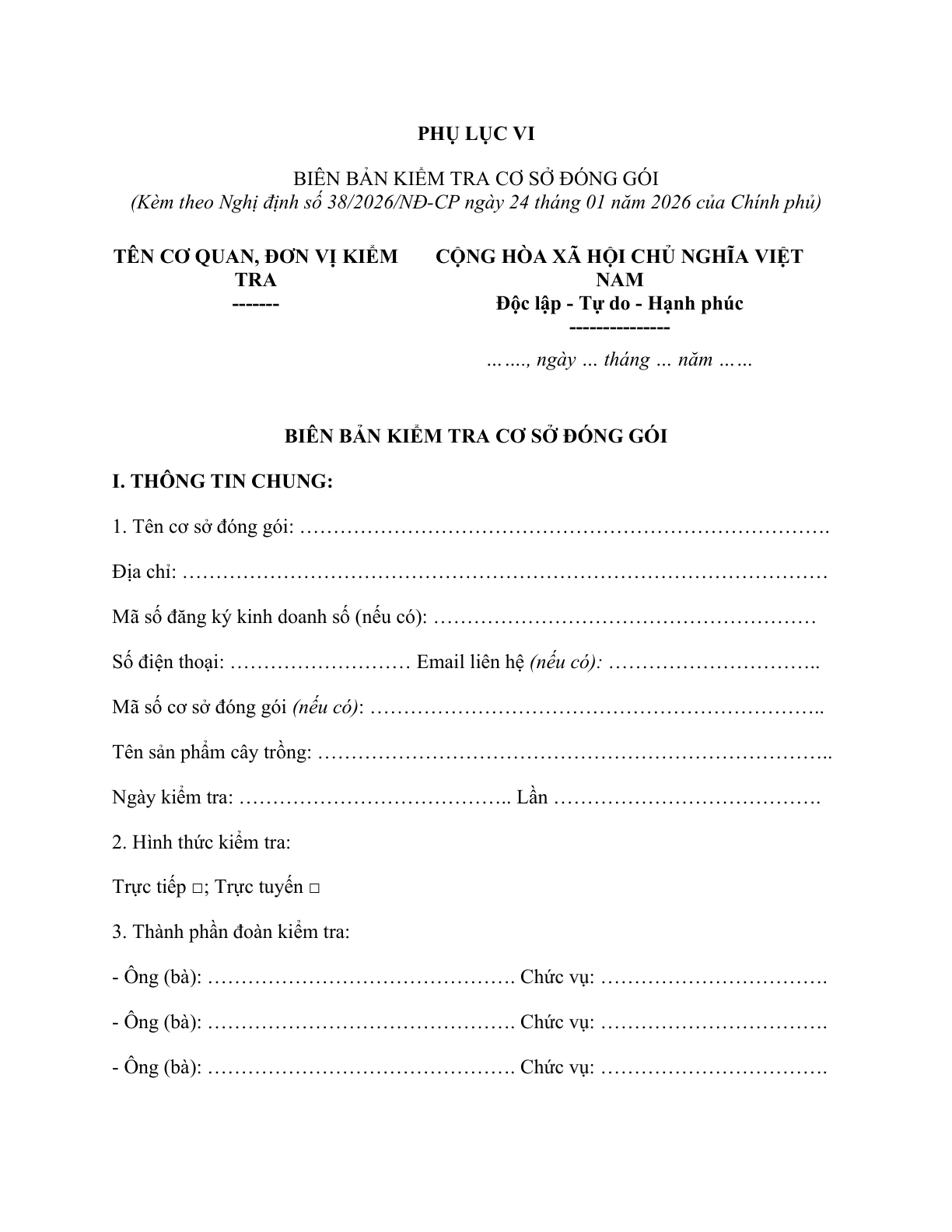 MẪU BIÊN BẢN KIỂM TRA CƠ SỞ ĐÓNG GÓI