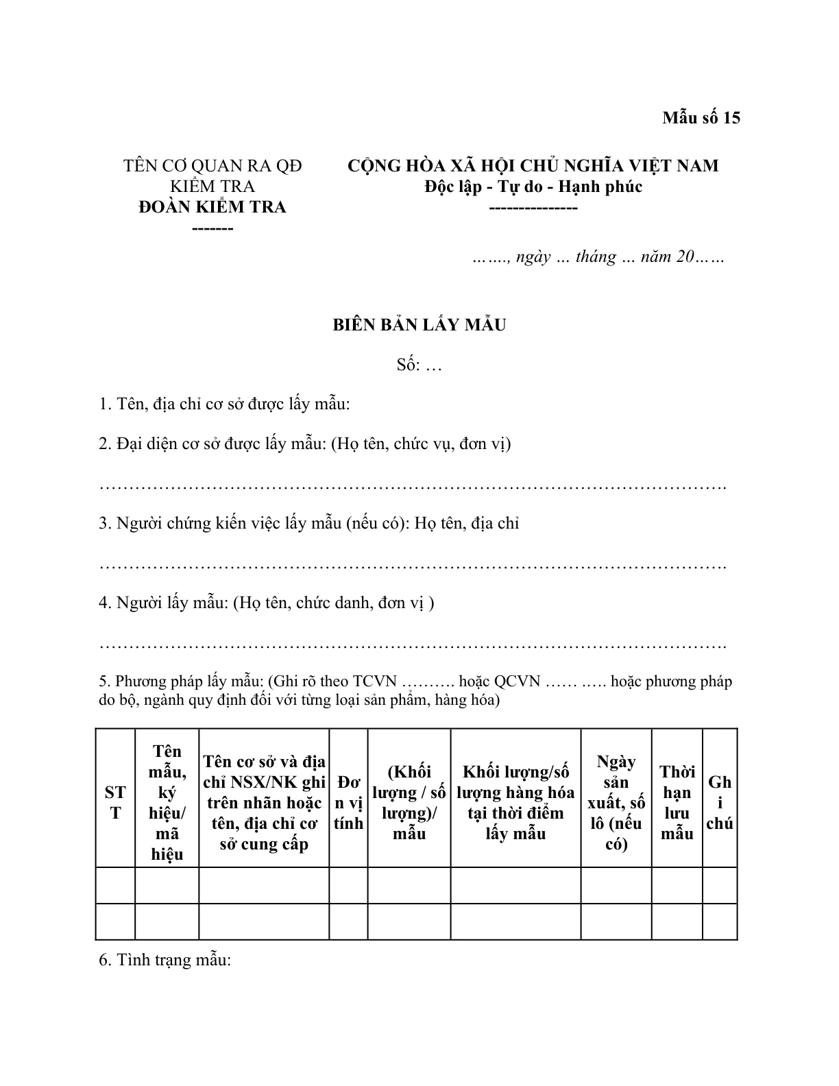 MẪU BIÊN BẢN LẤY MẪU SẢN PHẨM, HÀNG HÓA ĐỂ KIỂM TRA CHẤT LƯỢNG