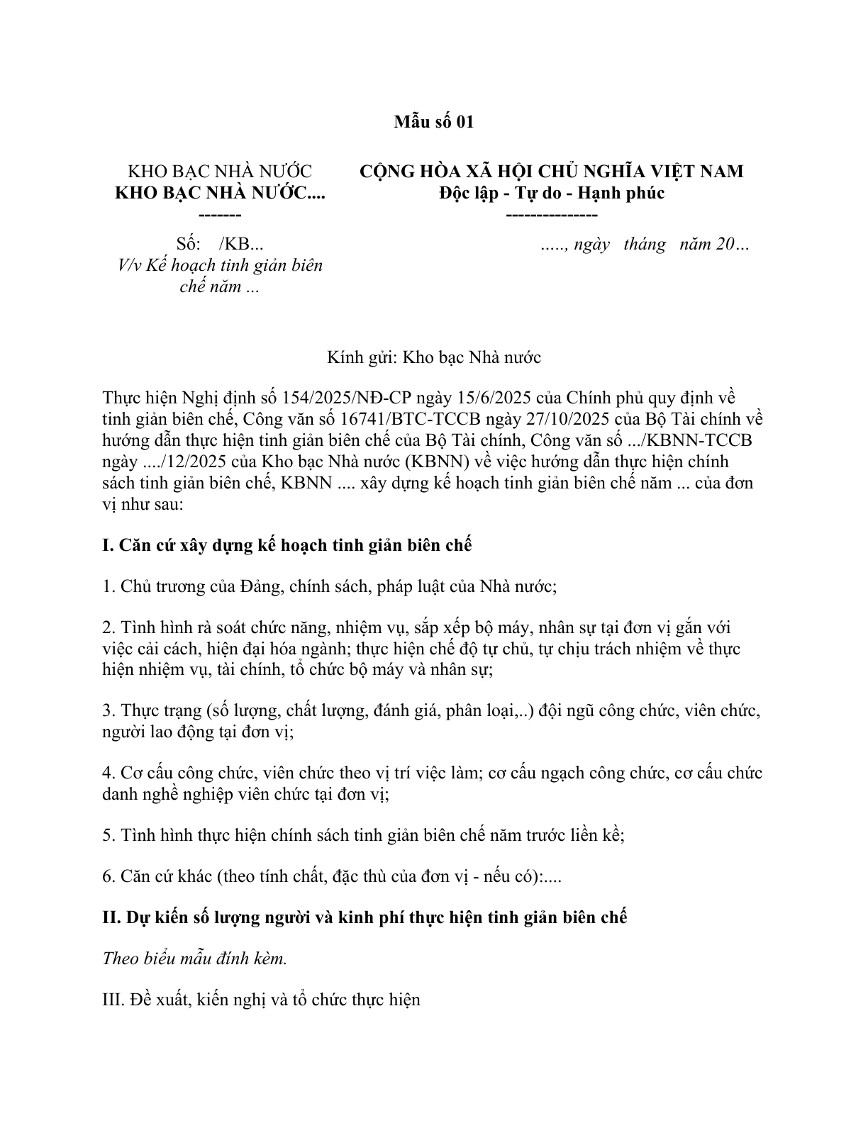MẪU CÔNG VĂN KẾ HOẠCH TINH GIẢN BIÊN CHẾ CỦA KHO BẠC NHÀ NƯỚC