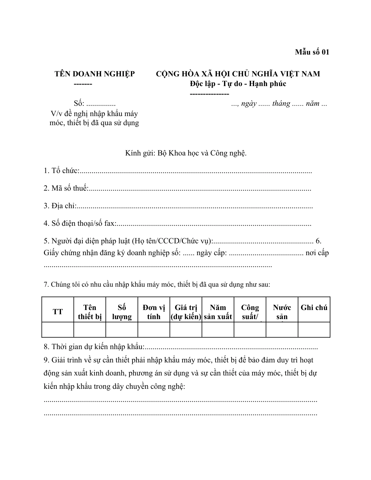 MẪU CÔNG VĂN VỀ VIỆC ĐỀ NGHỊ NHẬP KHẨU MÁY MÓC, THIẾT BỊ ĐÃ QUA SỬ DỤNG