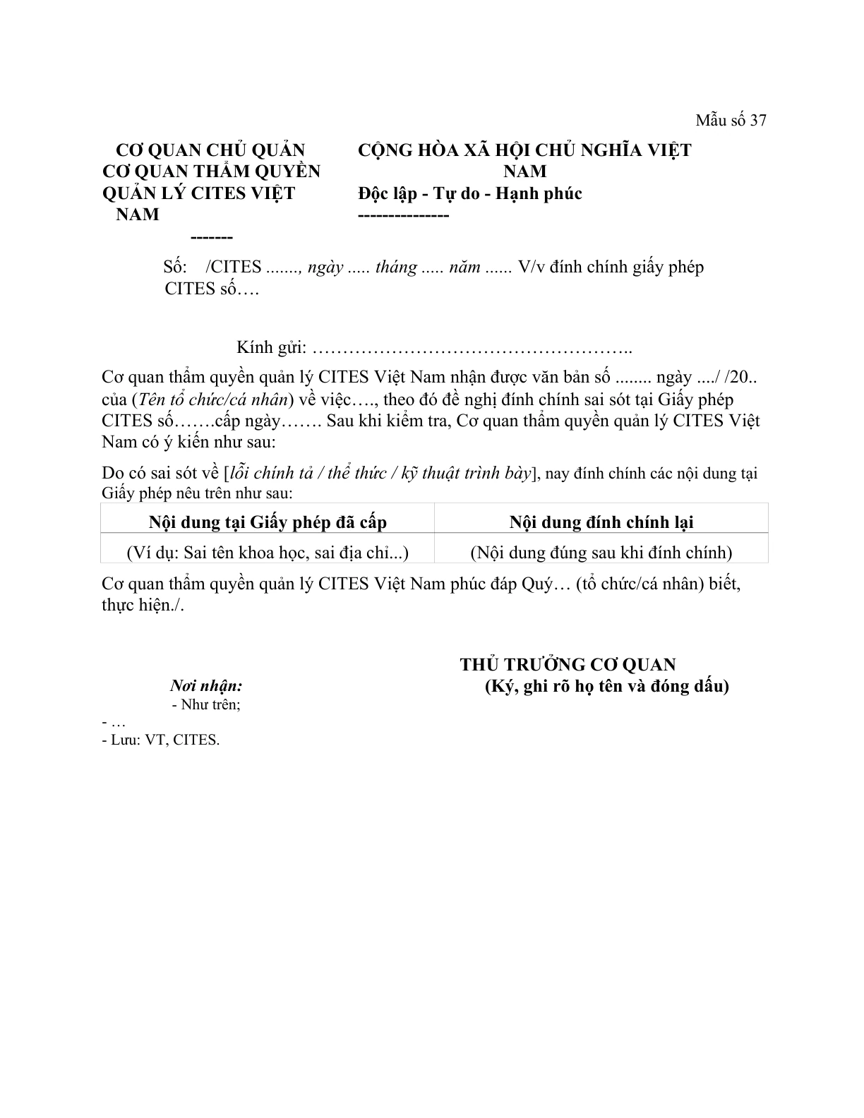 MẪU CÔNG VĂN VỀ VIỆC ĐÍNH CHÍNH GIẤY PHÉP CITES