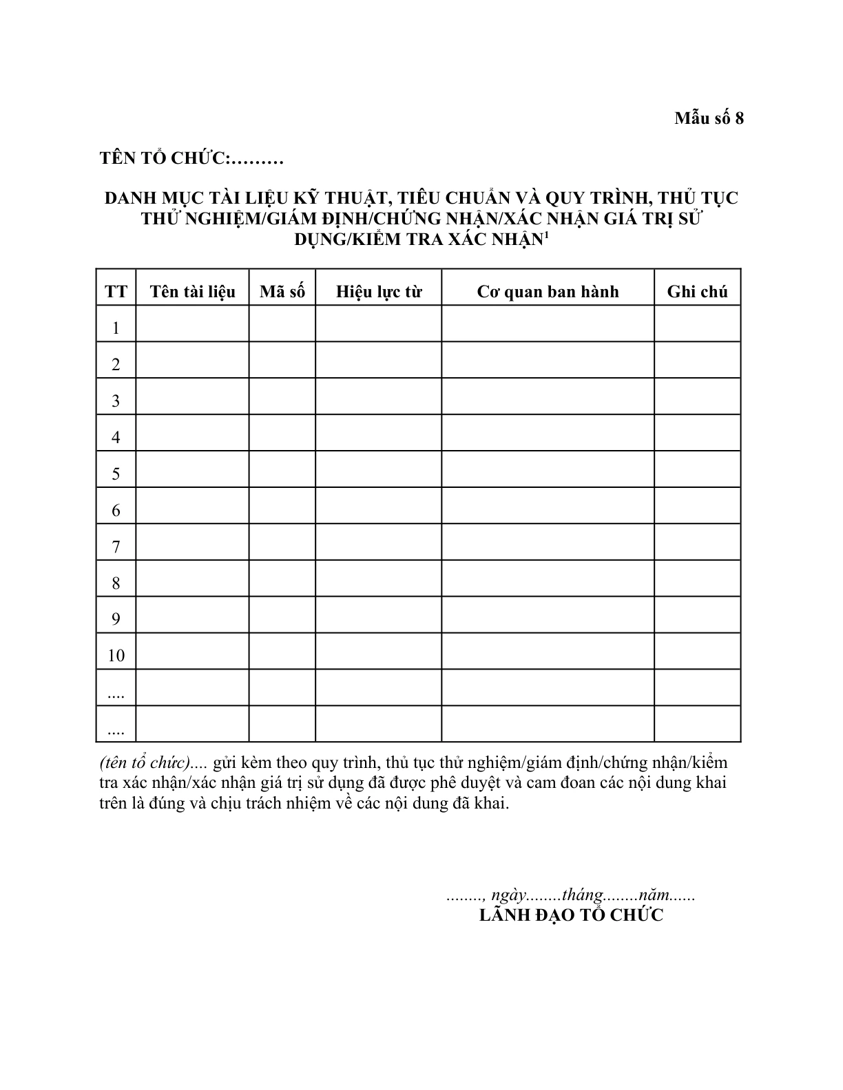 MẪU DANH MỤC TÀI LIỆU KỸ THUẬT, TIÊU CHUẨN VÀ QUY TRÌNH, THỦ TỤC THỬ NGHIỆM/GIÁM ĐỊNH/CHỨNG NHẬN/XÁC NHẬN GIÁ TRỊ SỬ DỤNG/KIỂM TRA XÁC NHẬN (TRONG HỒ SƠ ĐĂNG KÝ CHỈ ĐỊNH TỔ CHỨC ĐÁNH GIÁ SỰ PHÙ HỢP)