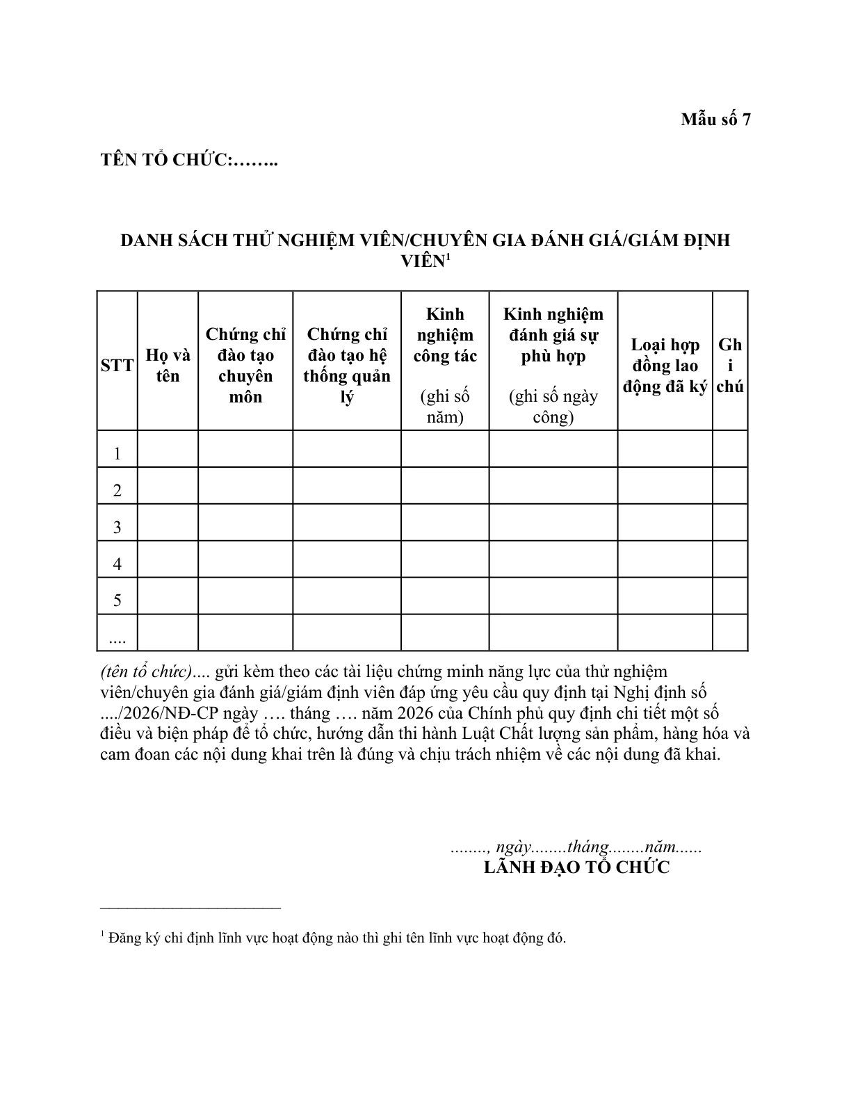 MẪU DANH SÁCH THỬ NGHIỆM VIÊN/CHUYÊN GIA ĐÁNH GIÁ/GIÁM ĐỊNH VIÊN (TRONG HỒ SƠ ĐĂNG KÝ CHỈ ĐỊNH TỔ CHỨC ĐÁNH GIÁ SỰ PHÙ HỢP)