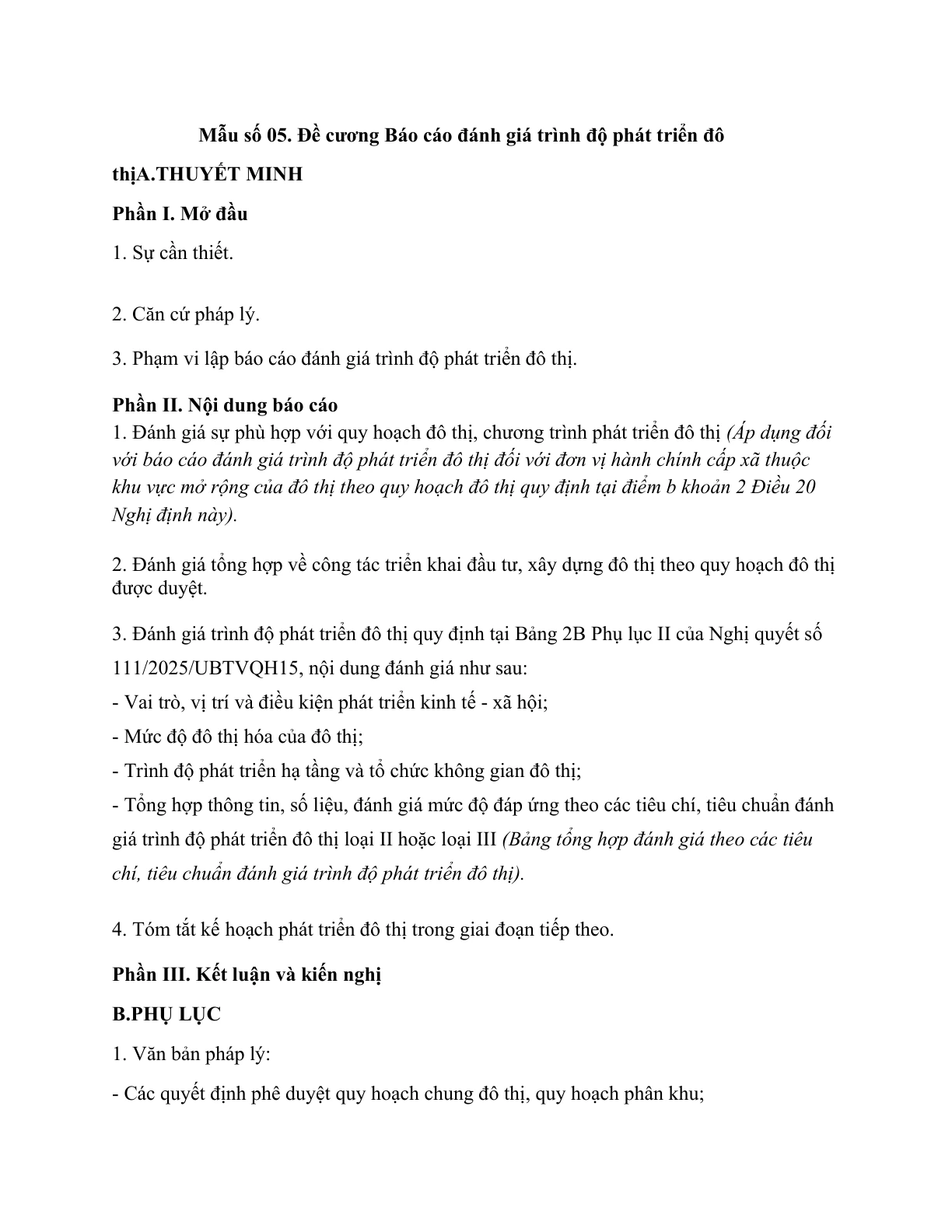 MẪU ĐỀ CƯƠNG BÁO CÁO ĐÁNH GIÁ TRÌNH ĐỘ PHÁT TRIỂN ĐÔ THỊ