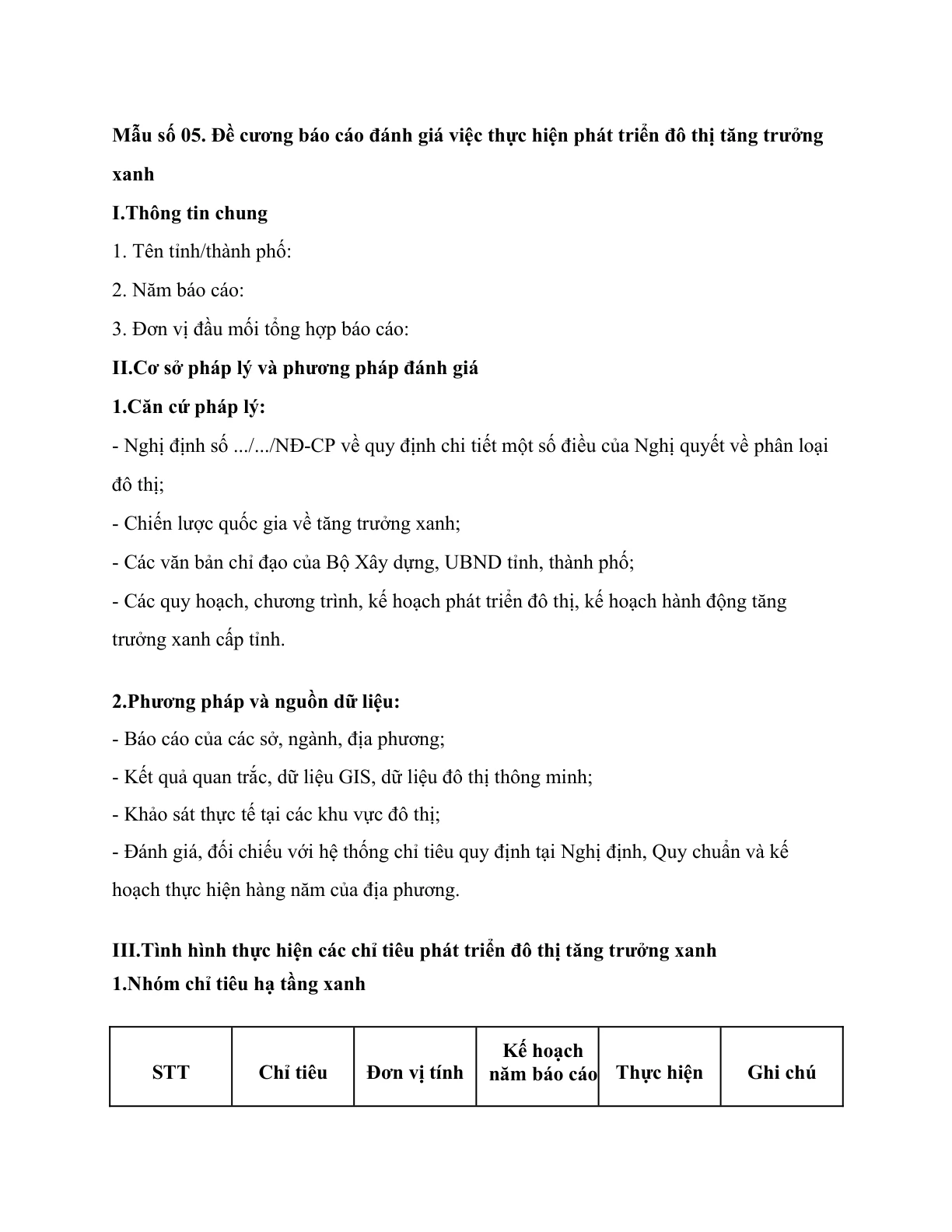 MẪU ĐỀ CƯƠNG BÁO CÁO ĐÁNH GIÁ VIỆC THỰC HIỆN PHÁT TRIỂN ĐÔ THỊ TĂNG TRƯỞNG XANH