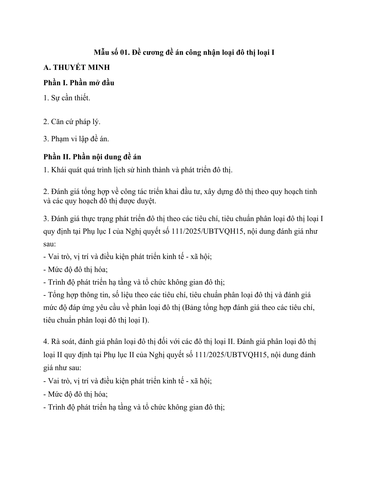 MẪU ĐỀ CƯƠNG ĐỀ ÁN CÔNG NHẬN LOẠI ĐÔ THỊ LOẠI I
