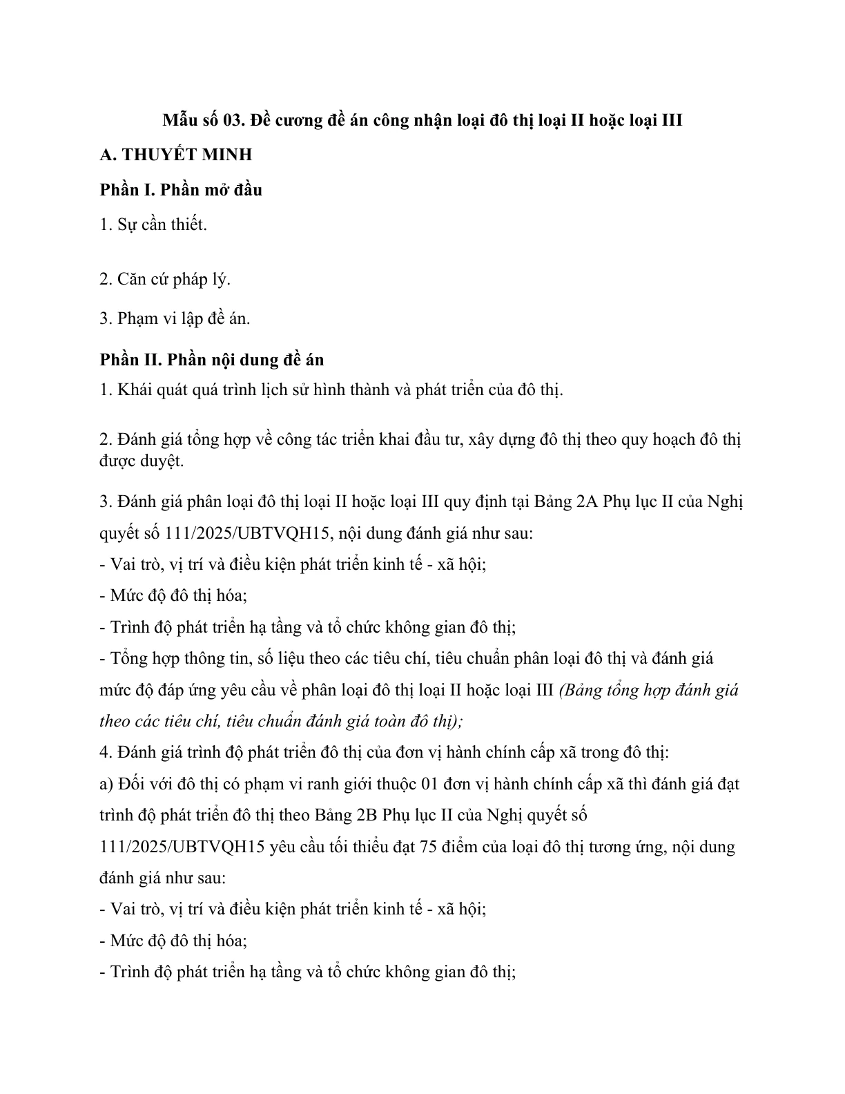 MẪU ĐỀ CƯƠNG ĐỀ ÁN CÔNG NHẬN LOẠI ĐÔ THỊ LOẠI II HOẶC LOẠI III