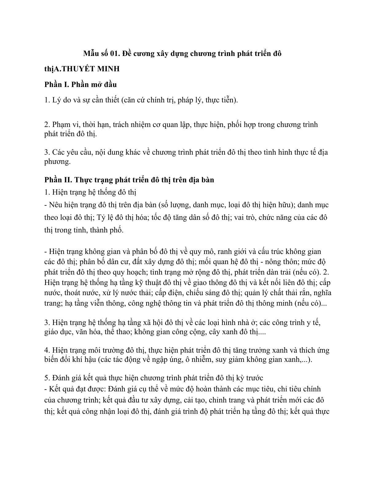 MẪU ĐỀ CƯƠNG XÂY DỰNG CHƯƠNG TRÌNH PHÁT TRIỂN ĐÔ THỊ