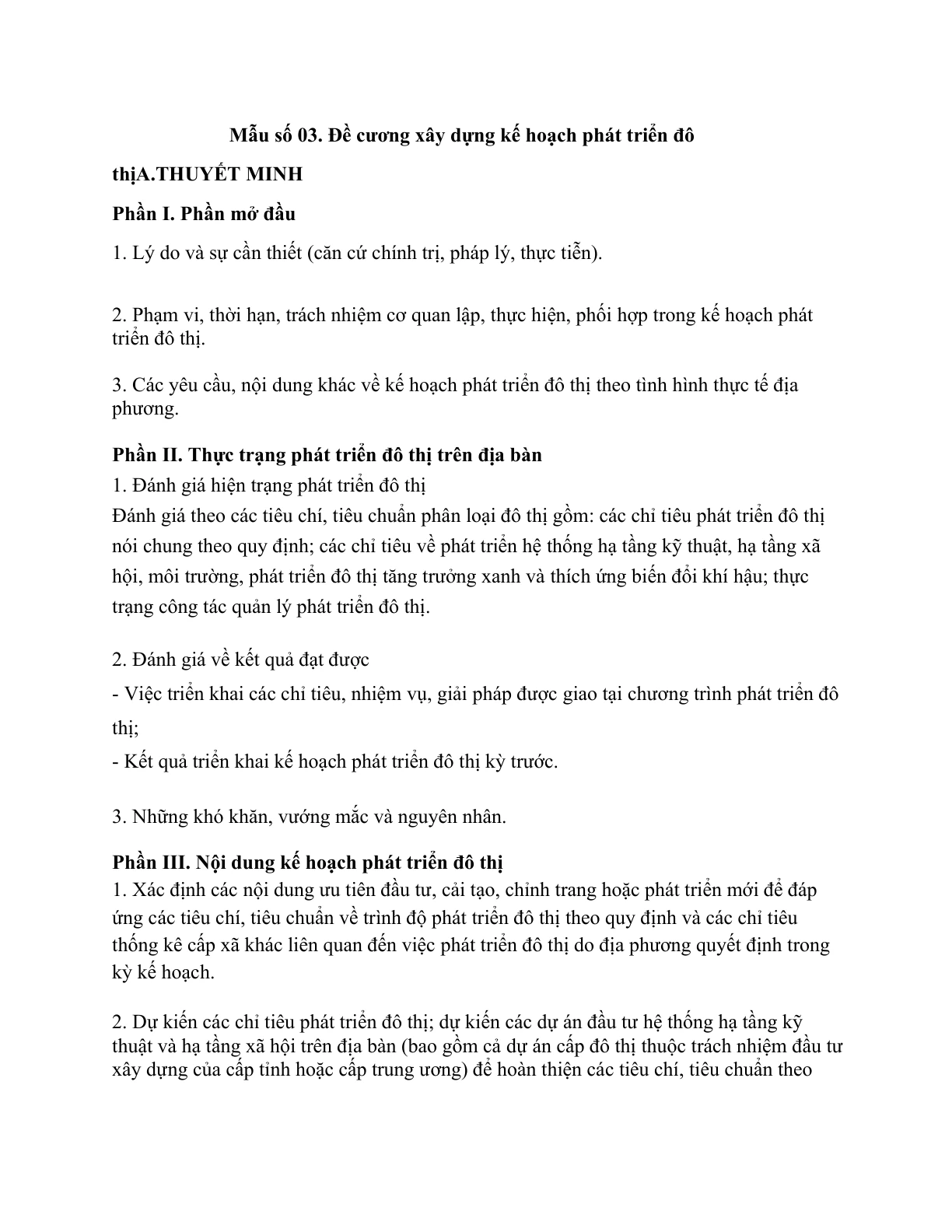 MẪU ĐỀ CƯƠNG XÂY DỰNG KẾ HOẠCH PHÁT TRIỂN ĐÔ THỊ