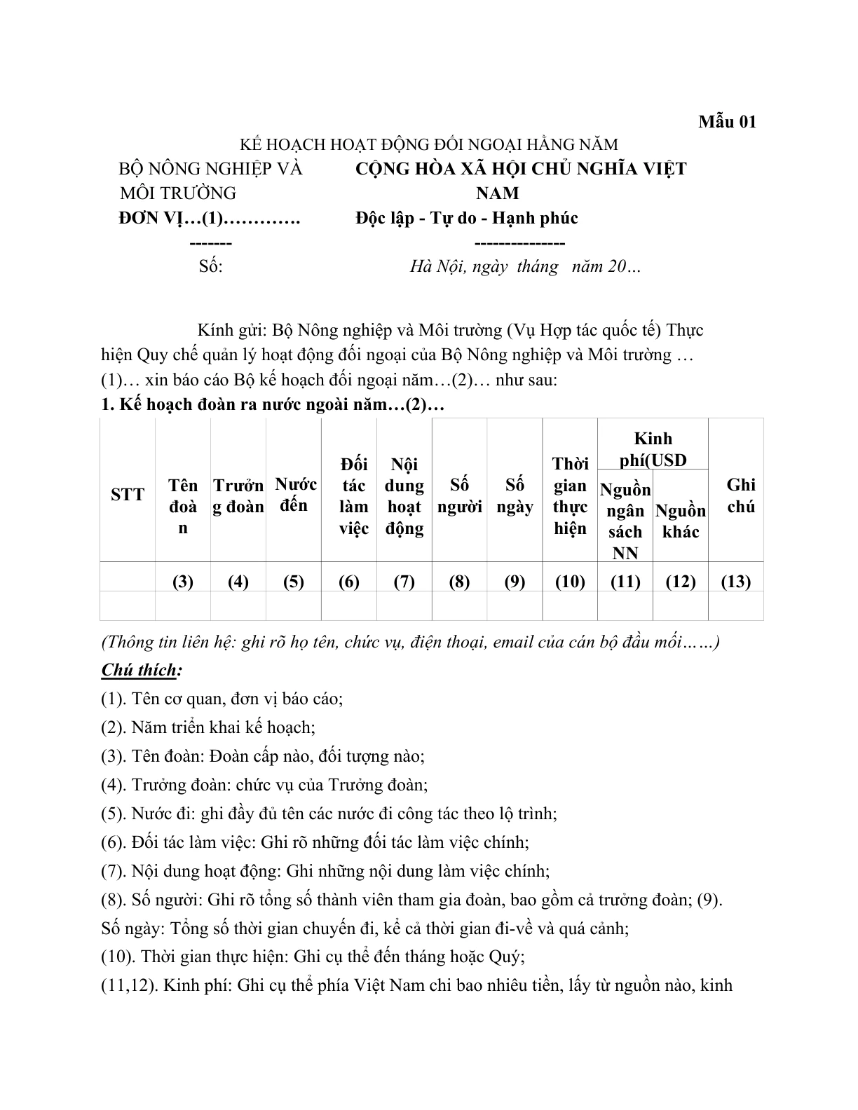 MẪU KẾ HOẠCH HOẠT ĐỘNG ĐỐI NGOẠI HẰNG NĂM CỦA BỘ NÔNG NGHIỆP VÀ MÔI TRƯỜNG