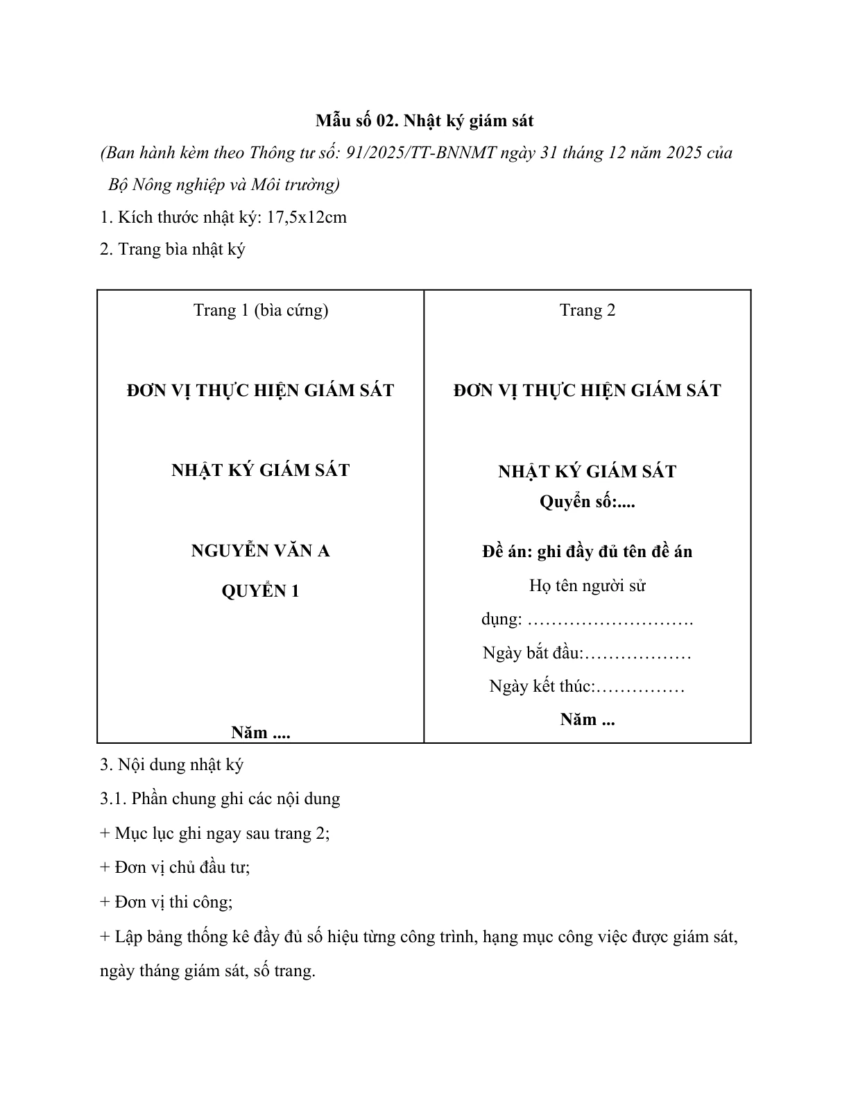 MẪU NHẬT KÝ GIÁM SÁT THI CÔNG ĐỀ ÁN THĂM DÒ KHOÁNG SẢN