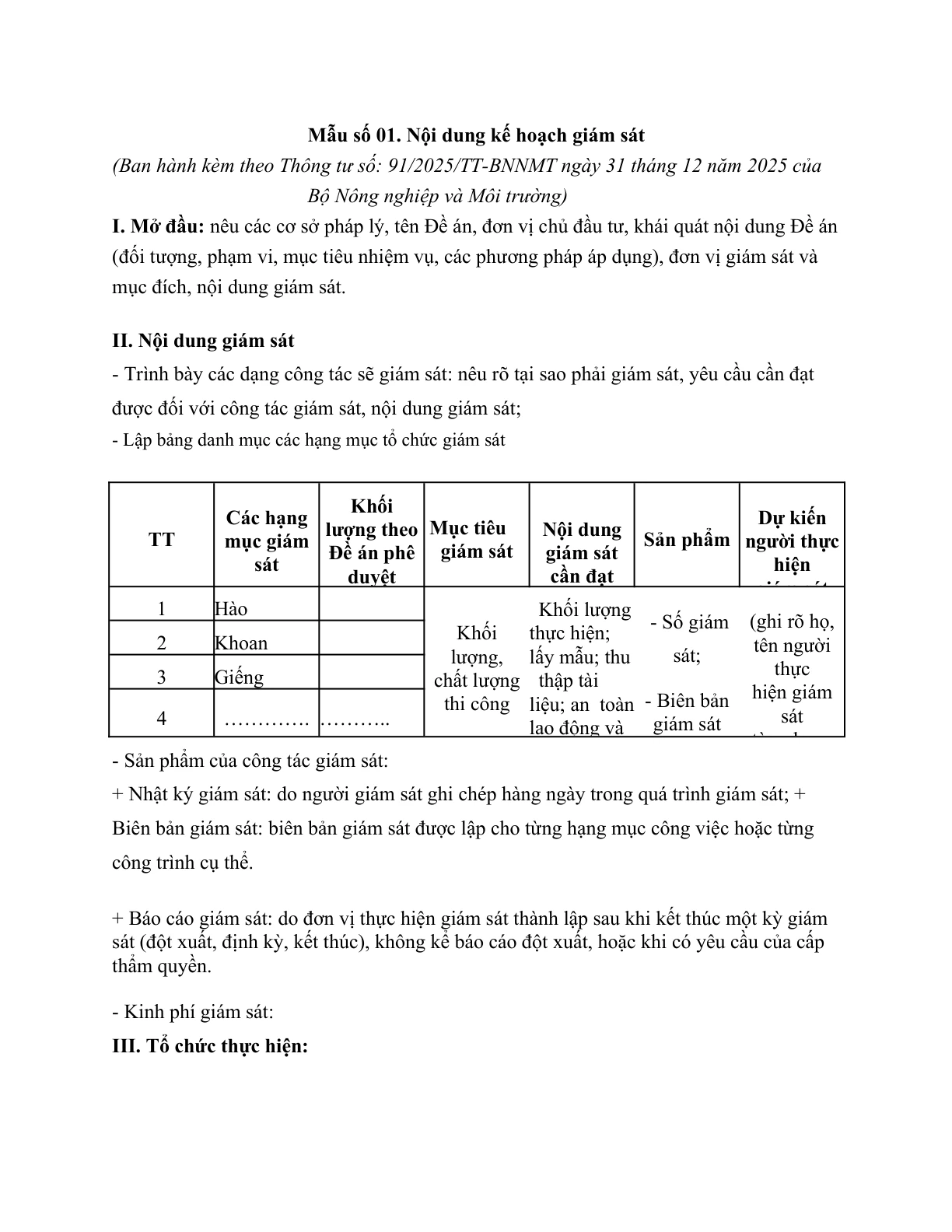 MẪU NỘI DUNG KẾ HOẠCH GIÁM SÁT THI CÔNG ĐỀ ÁN THĂM DÒ KHOÁNG SẢN