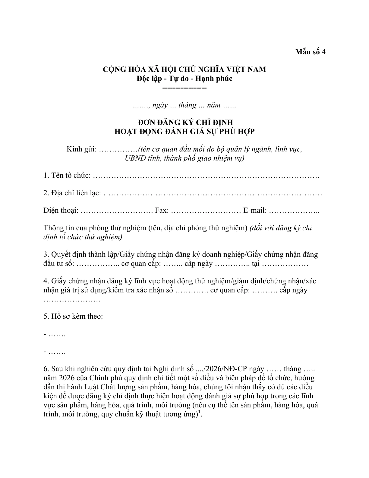 MẪU ĐƠN ĐĂNG KÝ CHỈ ĐỊNH HOẠT ĐỘNG ĐÁNH GIÁ SỰ PHÙ HỢP
