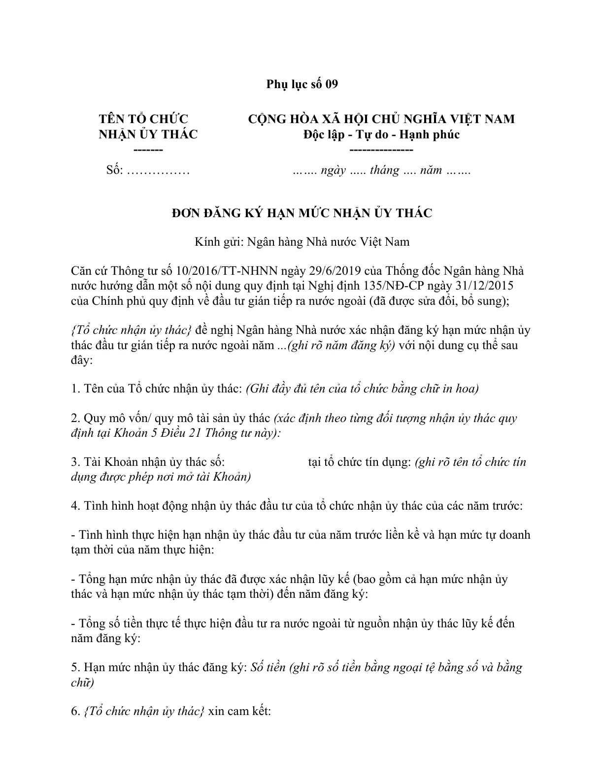 MẪU ĐƠN ĐĂNG KÝ HẠN MỨC NHẬN ỦY THÁC CỦA NGÂN HÀNG NHÀ NƯỚC
