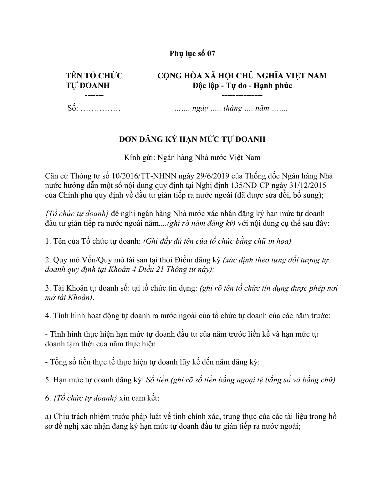 MẪU ĐƠN ĐĂNG KÝ HẠN MỨC TỰ DOANH CỦA NGÂN HÀNG NHÀ NƯỚC