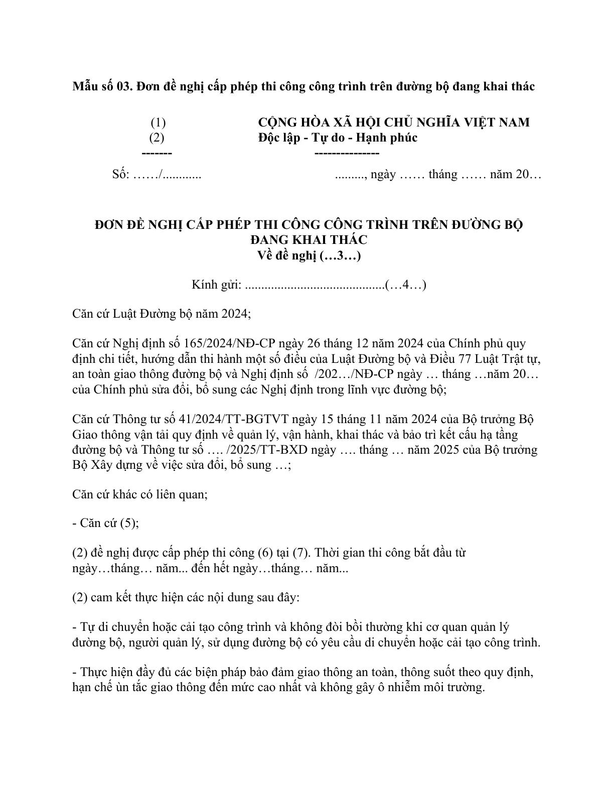 MẪU ĐƠN ĐỀ NGHỊ CẤP PHÉP THI CÔNG CÔNG TRÌNH TRÊN ĐƯỜNG BỘ ĐANG KHAI THÁC