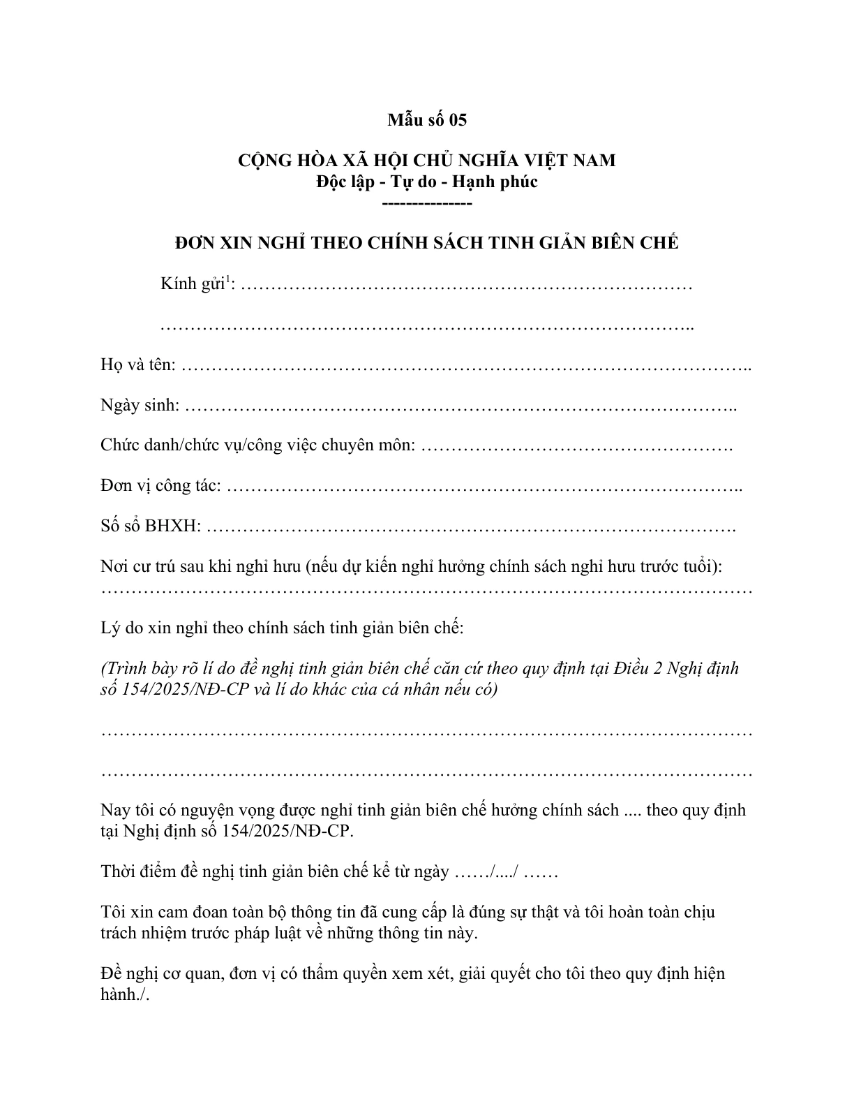MẪU ĐƠN XIN NGHỈ THEO CHÍNH SÁCH TINH GIẢN BIÊN CHẾ CỦA KHO BẠC NHÀ NƯỚC