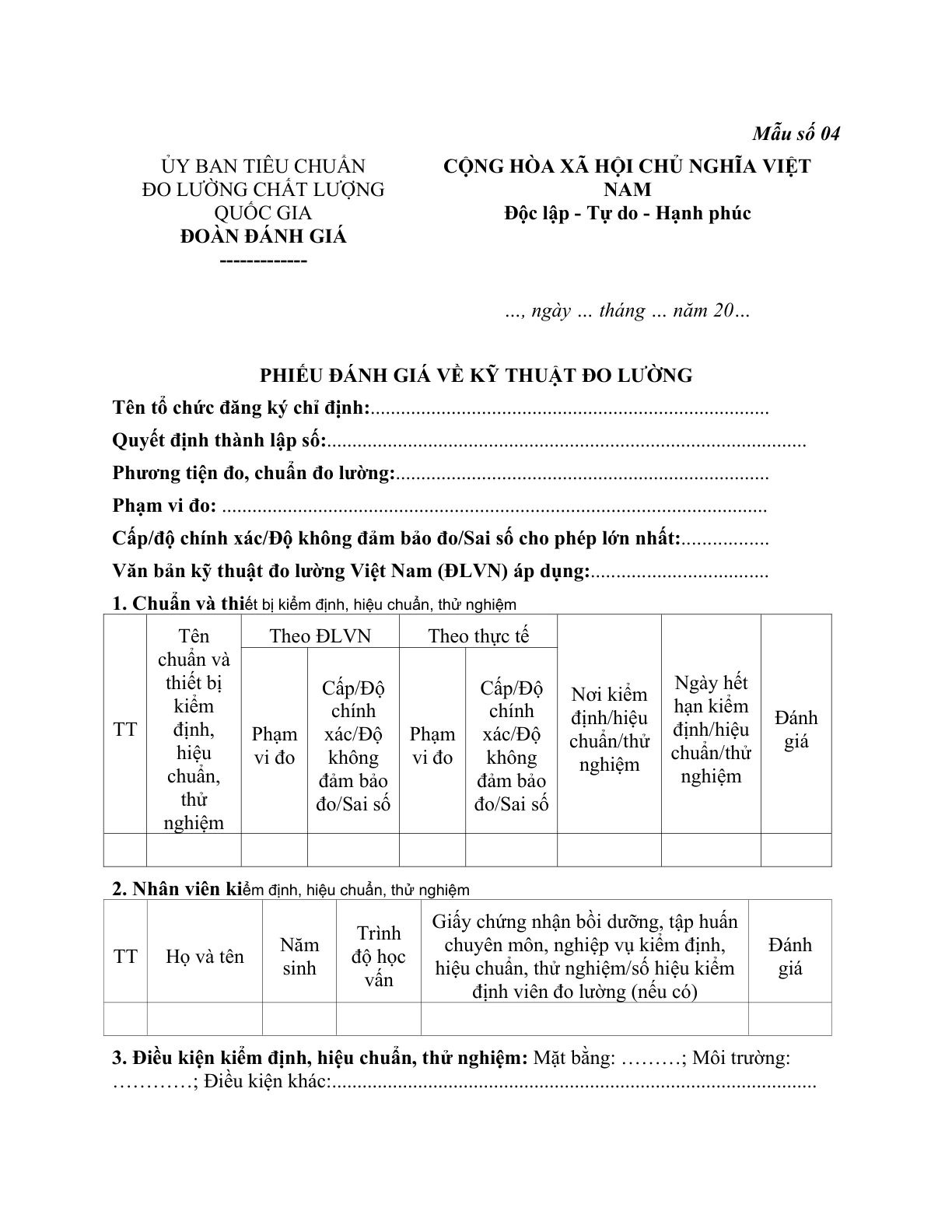 MẪU PHIẾU ĐÁNH GIÁ VỀ KỸ THUẬT ĐO LƯỜNG