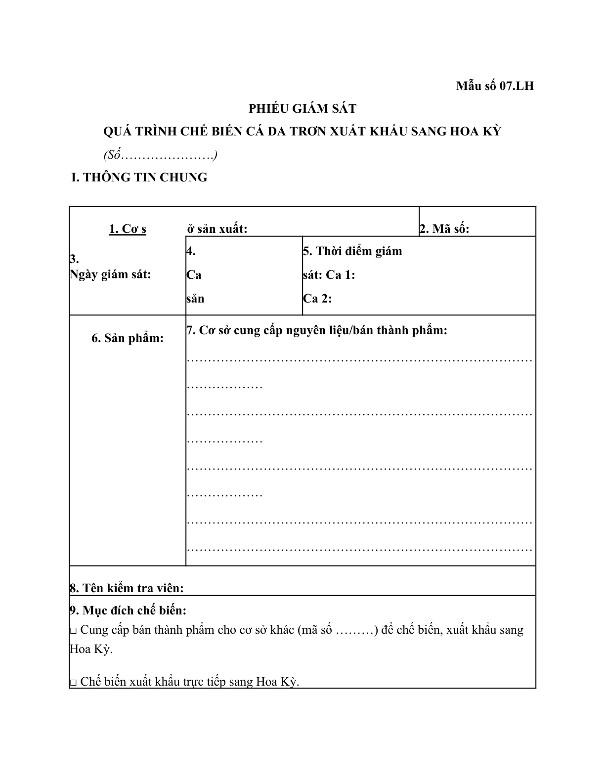 MẪU PHIẾU GIÁM SÁT QUÁ TRÌNH CHẾ BIẾN CÁ DA TRƠN XUẤT KHẨU SANG HOA KỲ