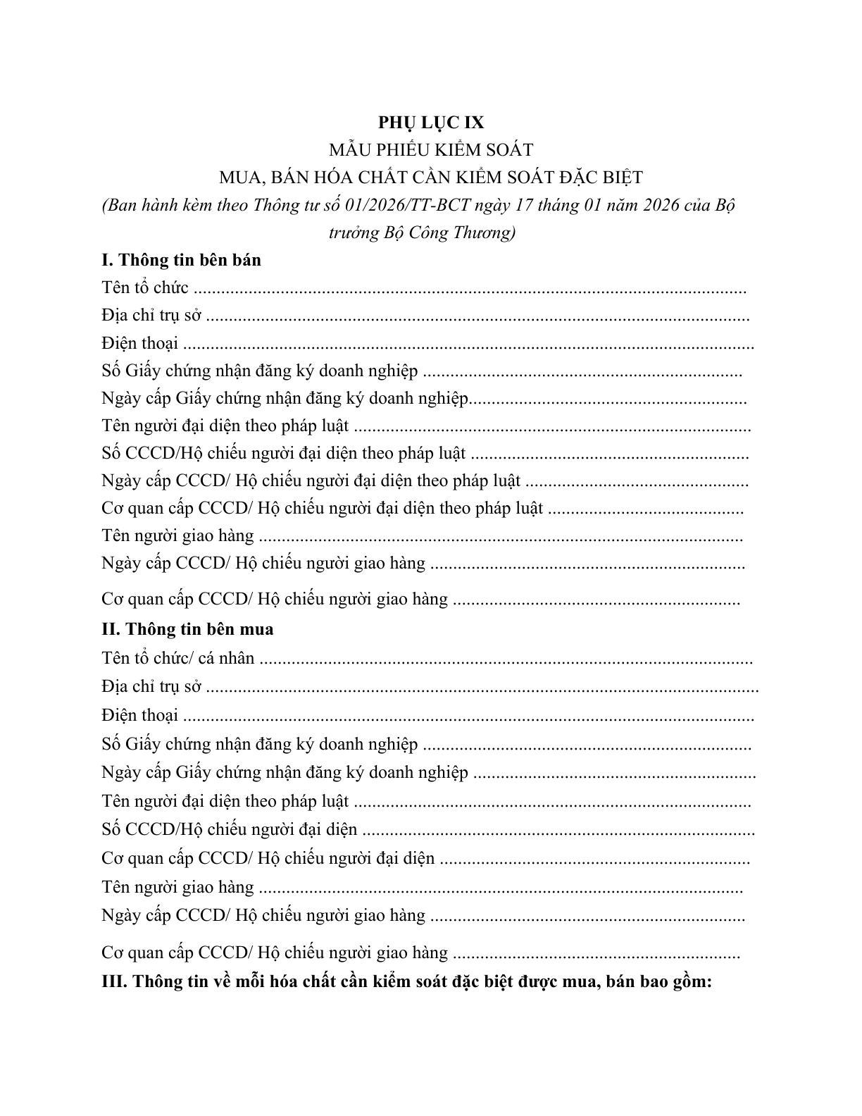 MẪU PHIẾU KIỂM SOÁT MUA, BÁN HÓA CHẤT CẦN KIỂM SOÁT ĐẶC BIỆT