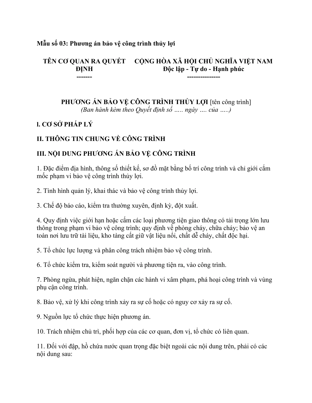 MẪU PHƯƠNG ÁN BẢO VỆ CÔNG TRÌNH THỦY LỢI