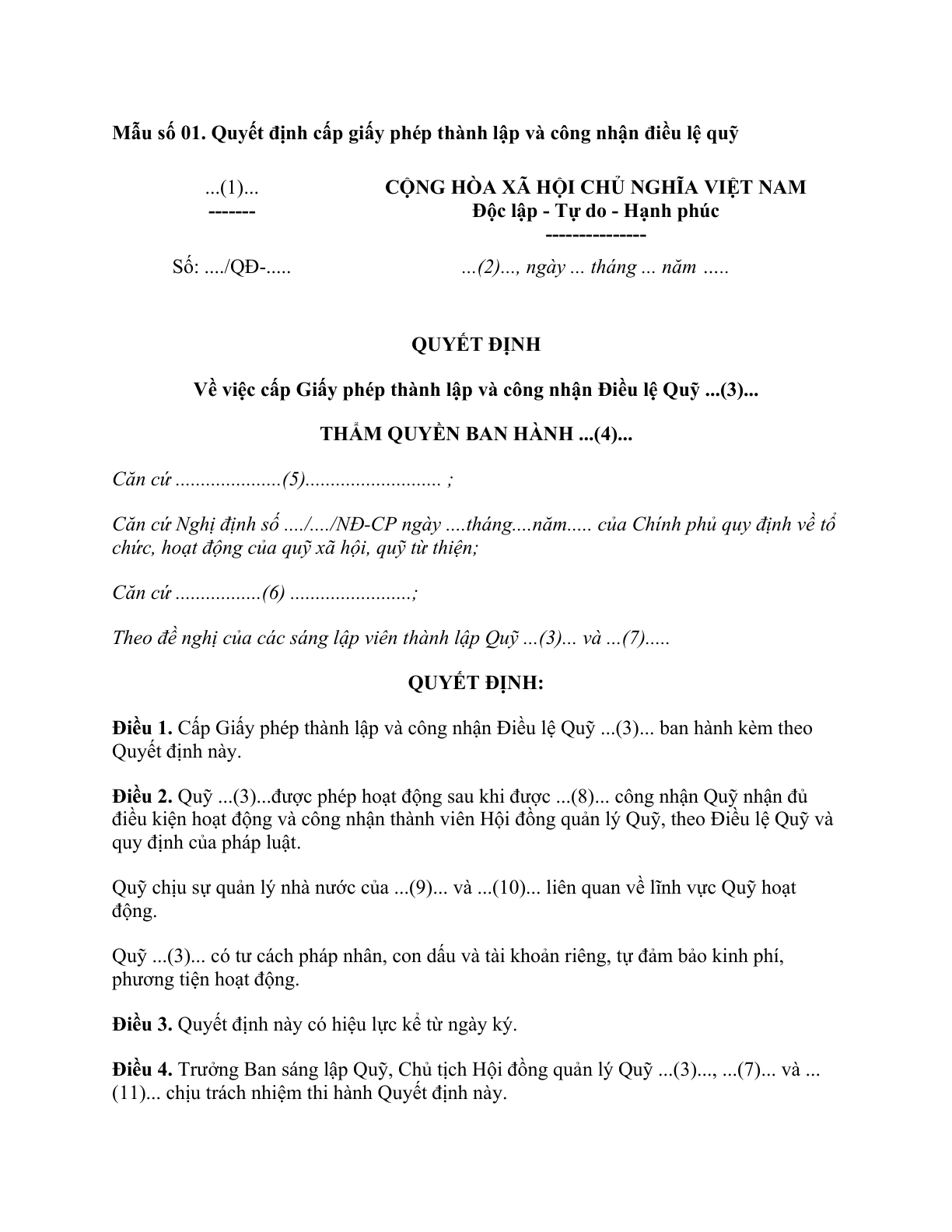 MẪU QUYẾT ĐỊNH CẤP GIẤY PHÉP THÀNH LẬP VÀ CÔNG NHẬN ĐIỀU LỆ QUỸ XÃ HỘI, QUỸ TỪ THIỆN