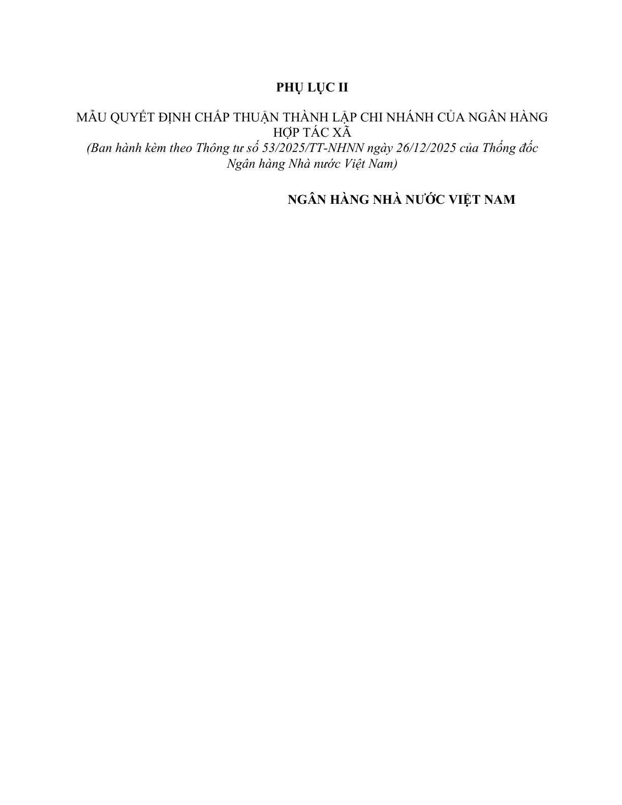 MẪU QUYẾT ĐỊNH CHẤP THUẬN THÀNH LẬP CHI NHÁNH CỦA NGÂN HÀNG HỢP TÁC XÃ