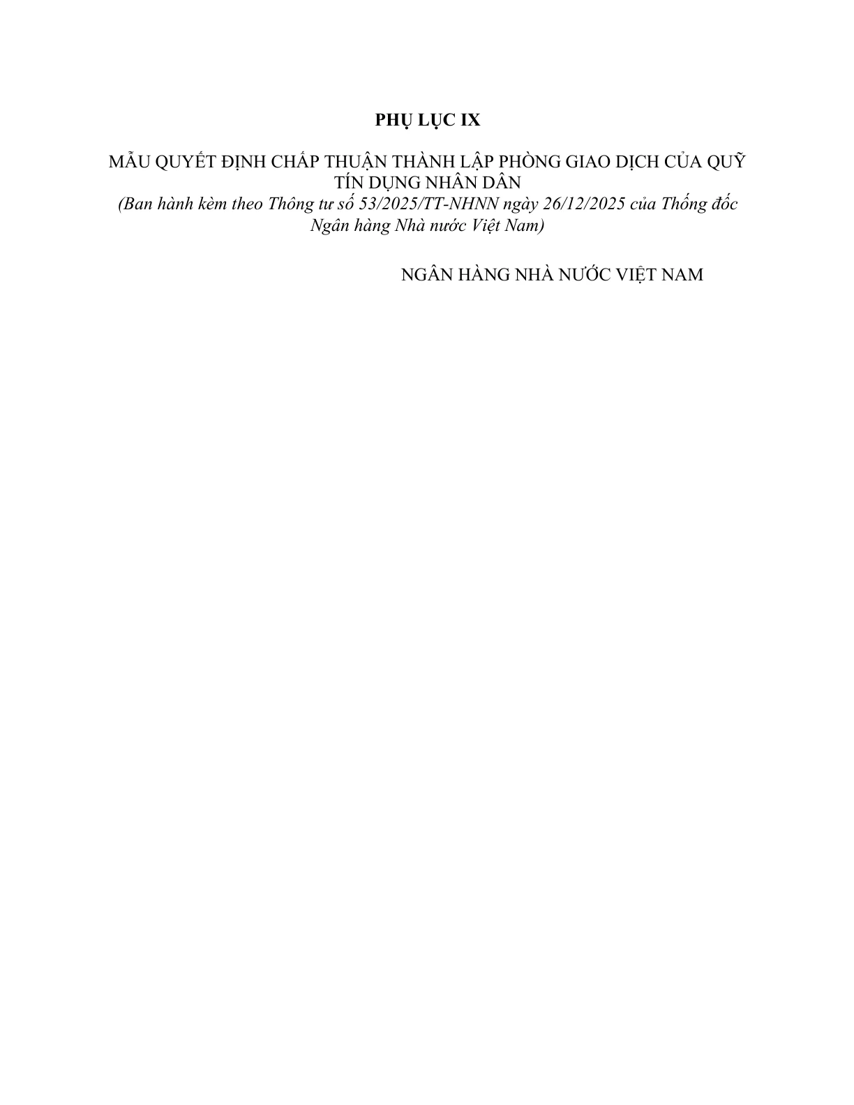 MẪU QUYẾT ĐỊNH CHẤP THUẬN THÀNH LẬP PHÒNG GIAO DỊCH CỦA QUỸ TÍN DỤNG NHÂN DÂN