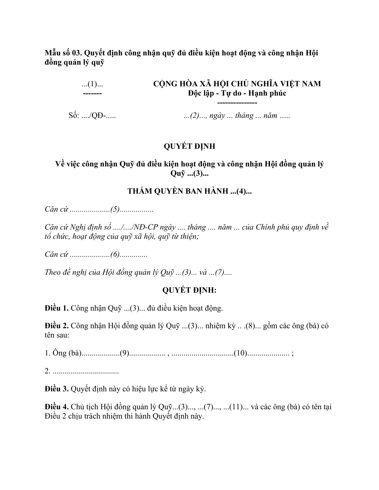 MẪU QUYẾT ĐỊNH CÔNG NHẬN QUỸ ĐỦ ĐIỀU KIỆN HOẠT ĐỘNG VÀ CÔNG NHẬN HỘI ĐỒNG QUẢN LÝ QUỸ XÃ HỘI, QUỸ TỪ THIỆN