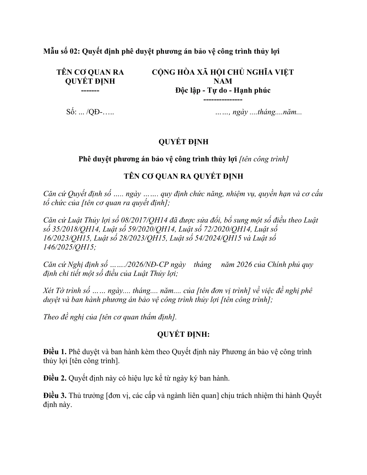 MẪU QUYẾT ĐỊNH PHÊ DUYỆT PHƯƠNG ÁN BẢO VỆ CÔNG TRÌNH THỦY LỢI
