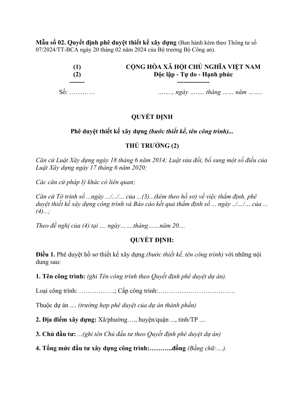 MẪU QUYẾT ĐỊNH PHÊ DUYỆT THIẾT KẾ XÂY DỰNG CÔNG TRÌNH AN NINH