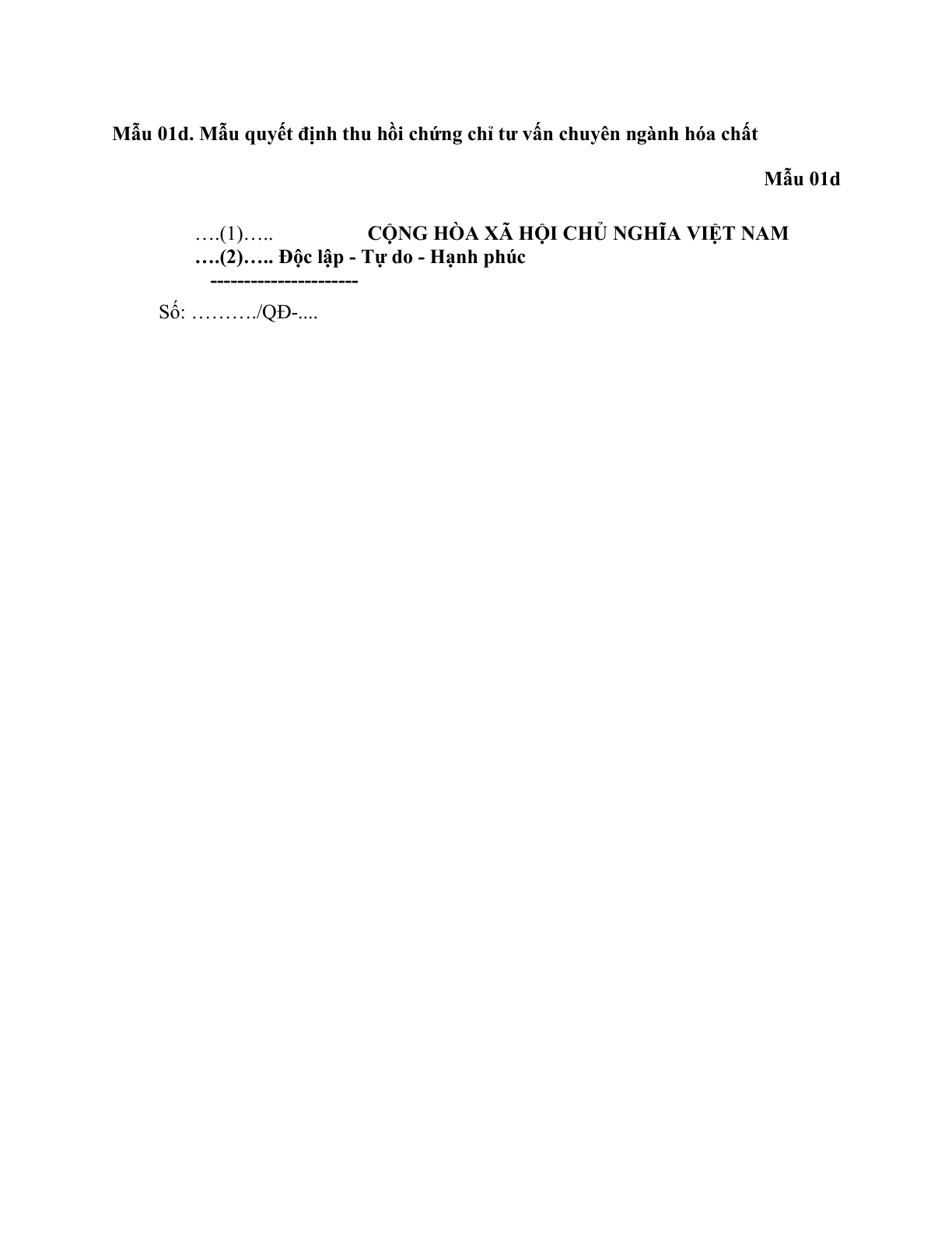 MẪU QUYẾT ĐỊNH THU HỒI CHỨNG CHỈ TƯ VẤN CHUYÊN NGÀNH HÓA CHẤT