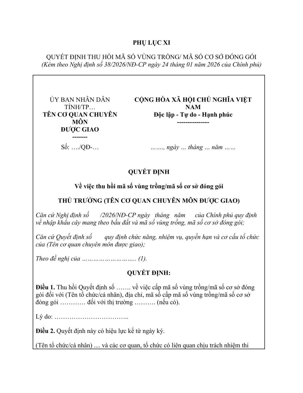 MẪU QUYẾT ĐỊNH THU HỒI MÃ SỐ VÙNG TRỒNG/MÃ SỐ CƠ SỞ ĐÓNG GÓI