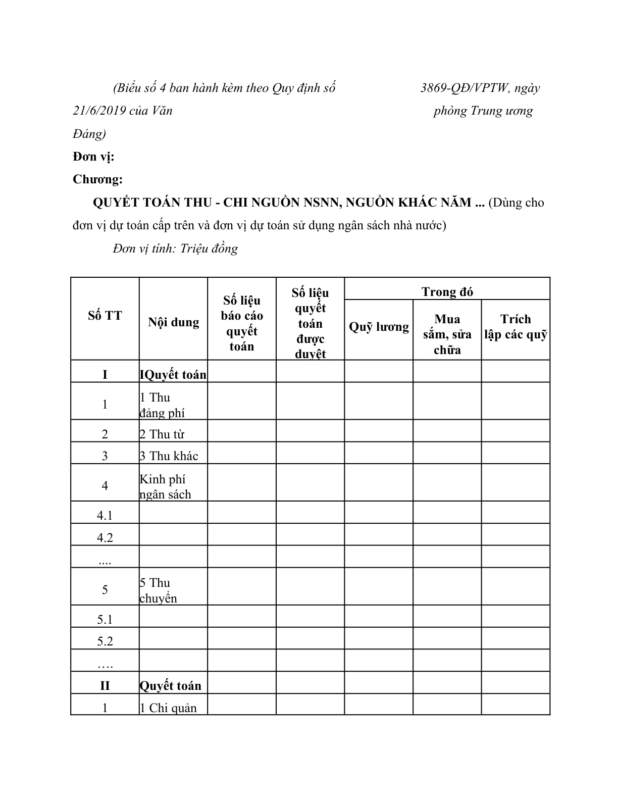 MẪU QUYẾT TOÁN THU - CHI NGUỒN NSNN, NGUỒN KHÁC TẠI CÁC CƠ QUAN, ĐƠN VỊ CỦA ĐẢNG Ở CÁC CẤP (DÙNG CHO ĐƠN VỊ DỰ TOÁN CẤP TRÊN VÀ ĐƠN VỊ DỰ TOÁN SỬ DỤNG NGÂN SÁCH NHÀ NƯỚC)