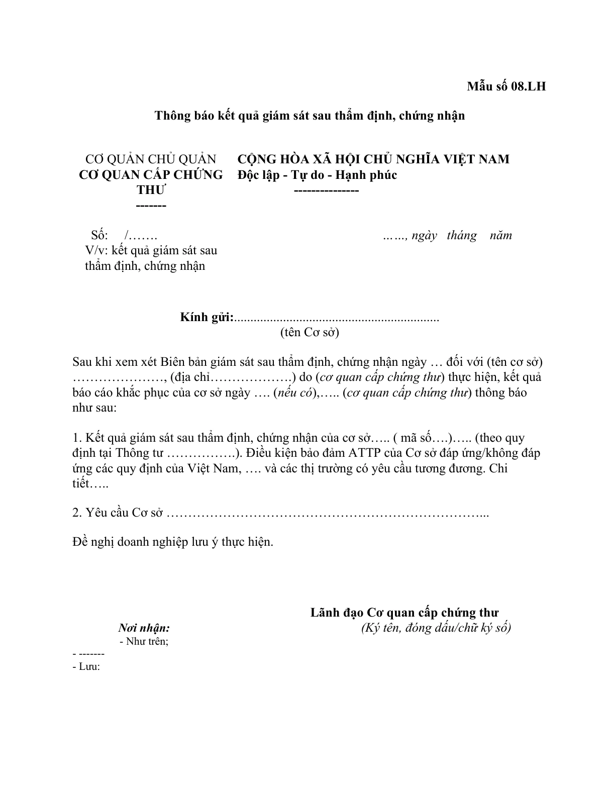 MẪU THÔNG BÁO KẾT QUẢ GIÁM SÁT SAU THẨM ĐỊNH, CHỨNG NHẬN THỦY SẢN XUẤT KHẨU