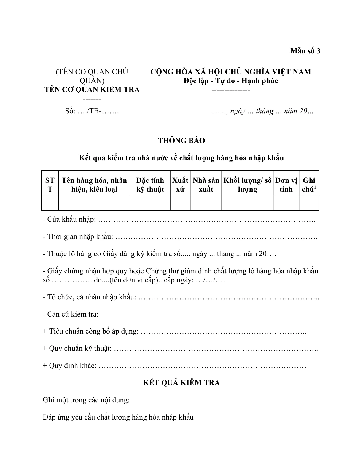 MẪU THÔNG BÁO KẾT QUẢ KIỂM TRA NHÀ NƯỚC VỀ CHẤT LƯỢNG HÀNG HÓA NHẬP KHẨU
