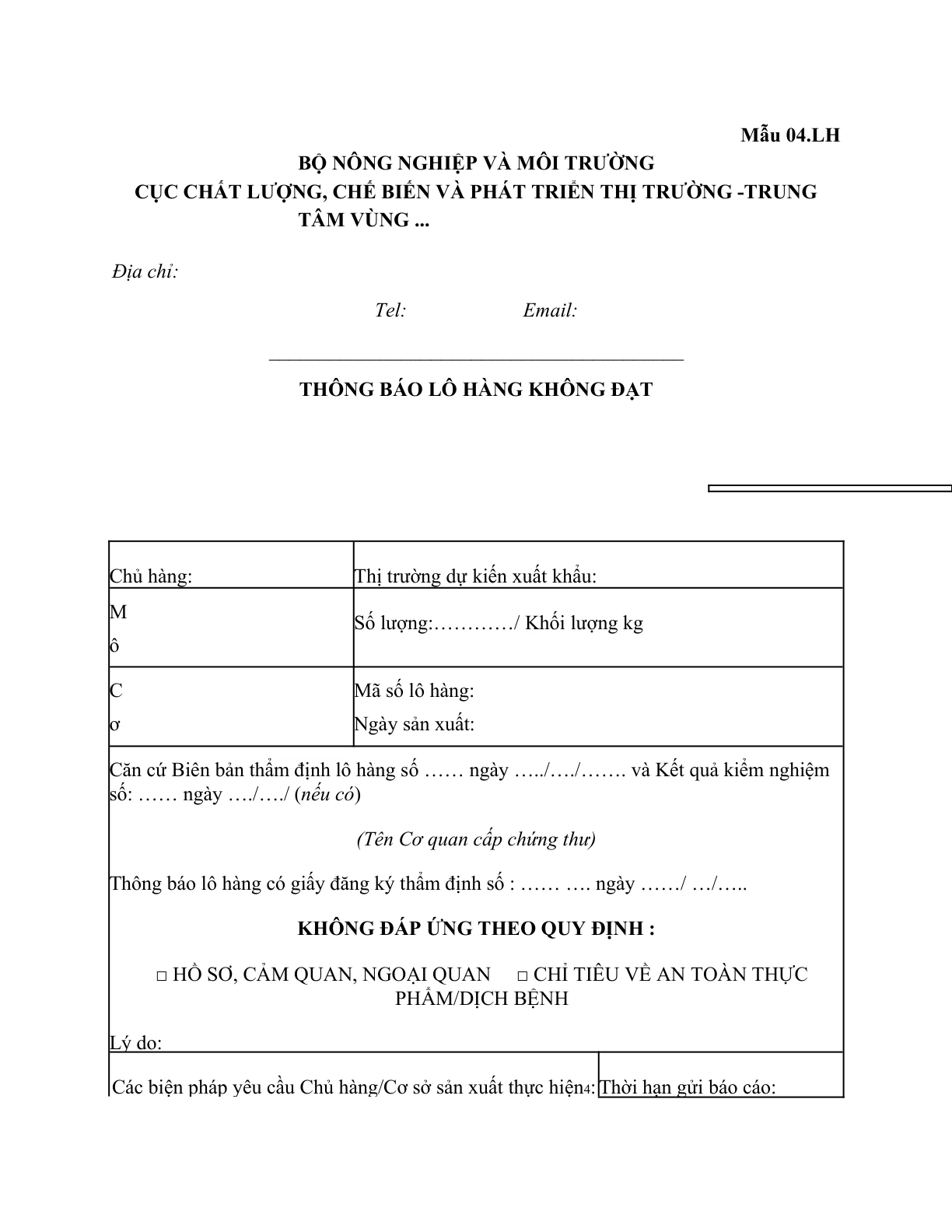 MẪU THÔNG BÁO LÔ HÀNG THỦY SẢN XUẤT KHẨU KHÔNG ĐẠT