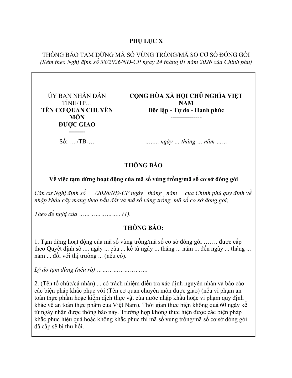 MẪU THÔNG BÁO TẠM DỪNG MÃ SỐ VÙNG TRỒNG/MÃ SỐ CƠ SỞ ĐÓNG GÓI