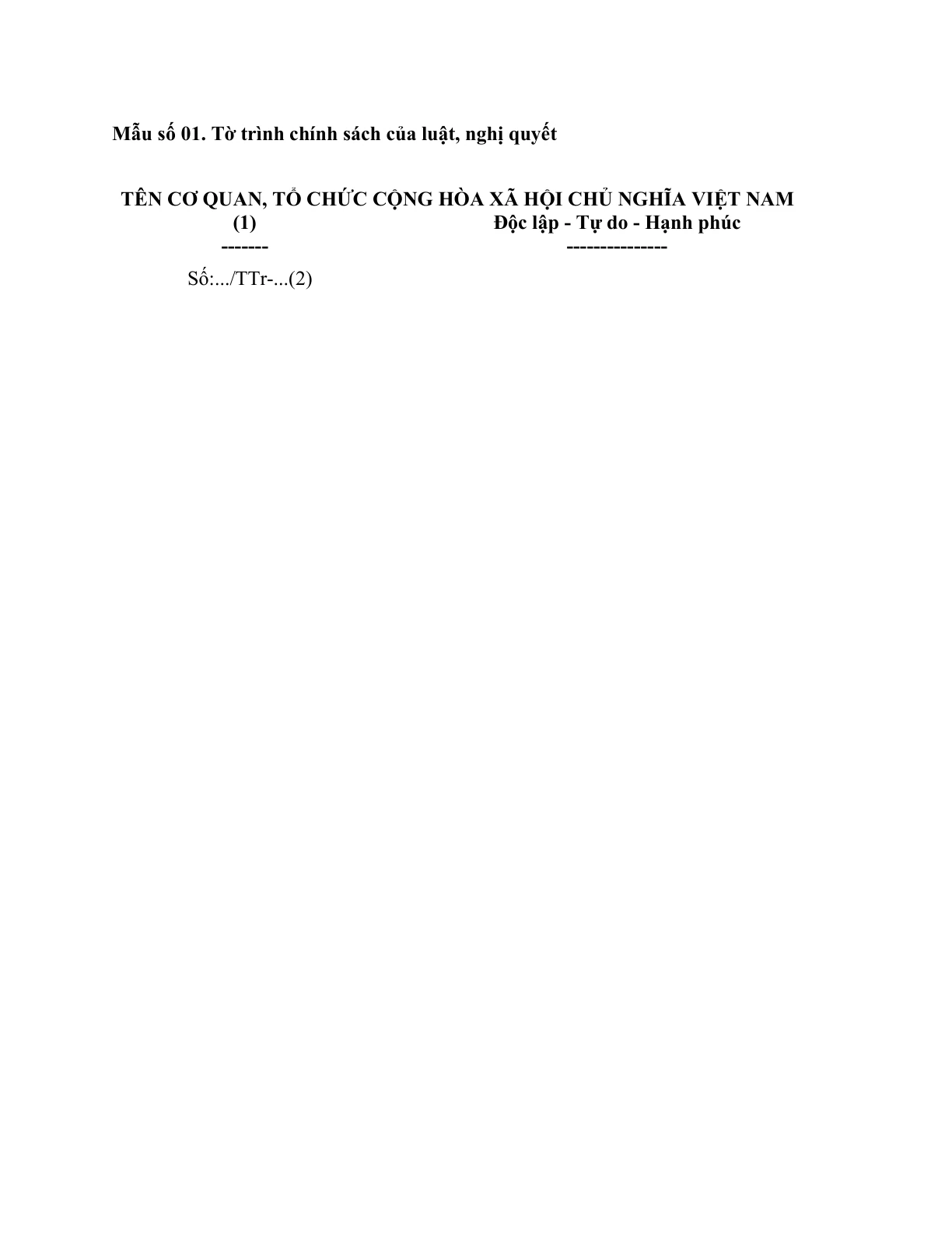 MẪU TỜ TRÌNH CHÍNH SÁCH CỦA LUẬT, NGHỊ QUYẾT DO BỘ NÔNG NGHIỆP VÀ MÔI TRƯỜNG BAN HÀNH