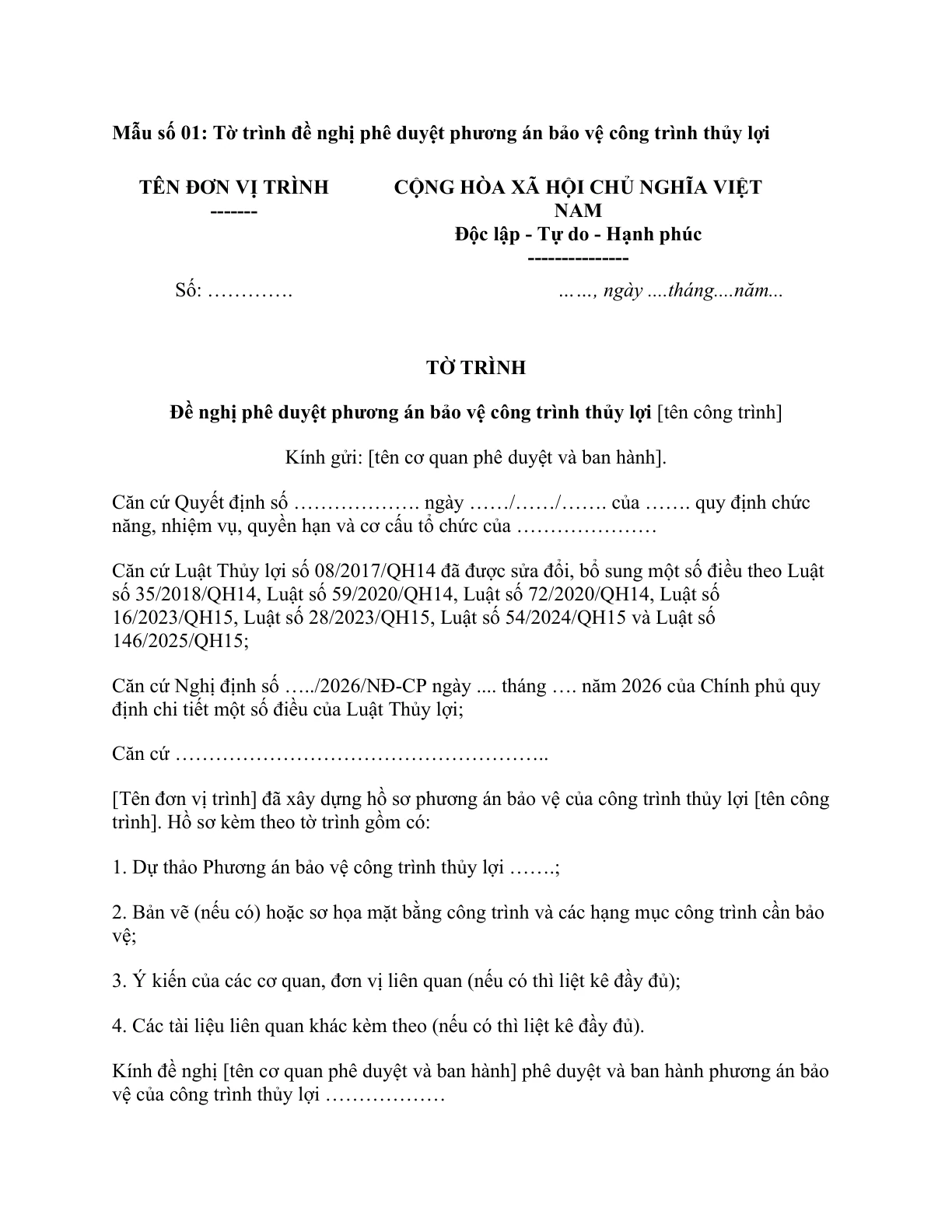 MẪU TỜ TRÌNH ĐỀ NGHỊ PHÊ DUYỆT PHƯƠNG ÁN BẢO VỆ CÔNG TRÌNH THỦY LỢI
