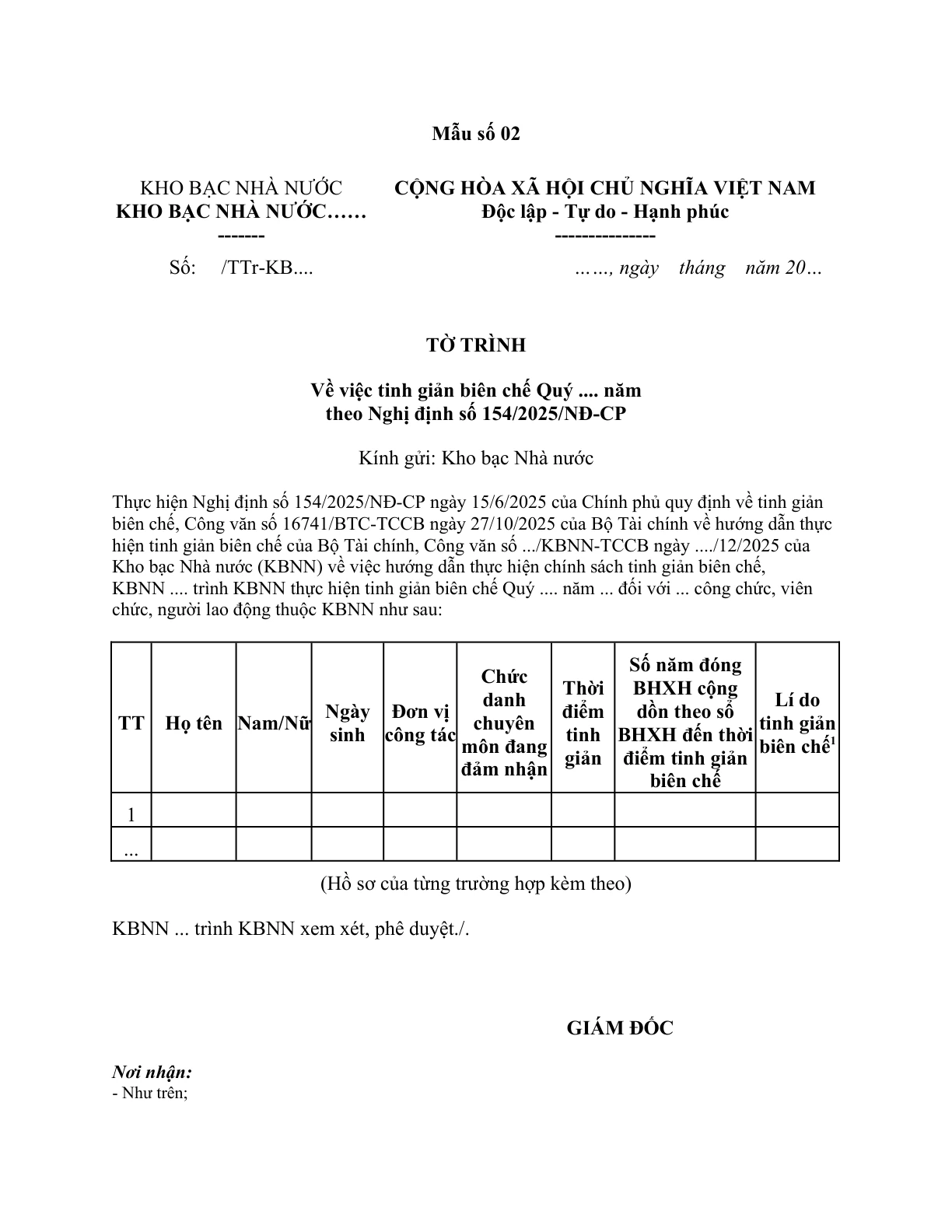 MẪU TỜ TRÌNH VỀ VIỆC TINH GIẢN BIÊN CHẾ THEO NGHỊ ĐỊNH SỐ 154/2025/NĐ-CP CỦA KHO BẠC NHÀ NƯỚC