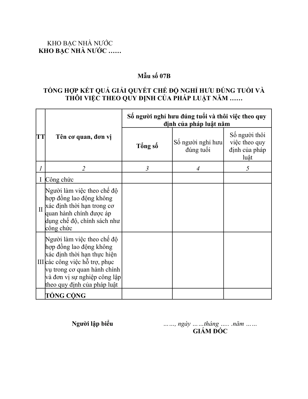 MẪU TỔNG HỢP KẾT QUẢ GIẢI QUYẾT CHẾ ĐỘ NGHỈ HƯU ĐÚNG TUỔI VÀ THÔI VIỆC THEO QUY ĐỊNH CỦA PHÁP LUẬT CỦA KHO BẠC NHÀ NƯỚC