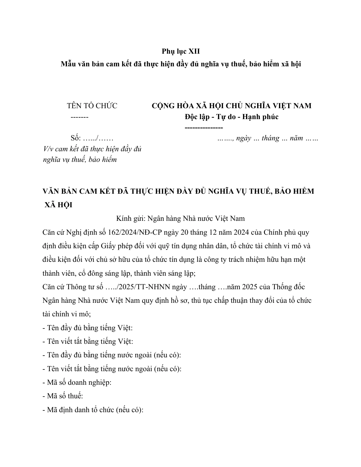 MẪU VĂN BẢN CAM KẾT ĐÃ THỰC HIỆN ĐẦY ĐỦ NGHĨA VỤ THUẾ, BẢO HIỂM XÃ HỘI CỦA TỔ CHỨC TÀI CHÍNH VI MÔ