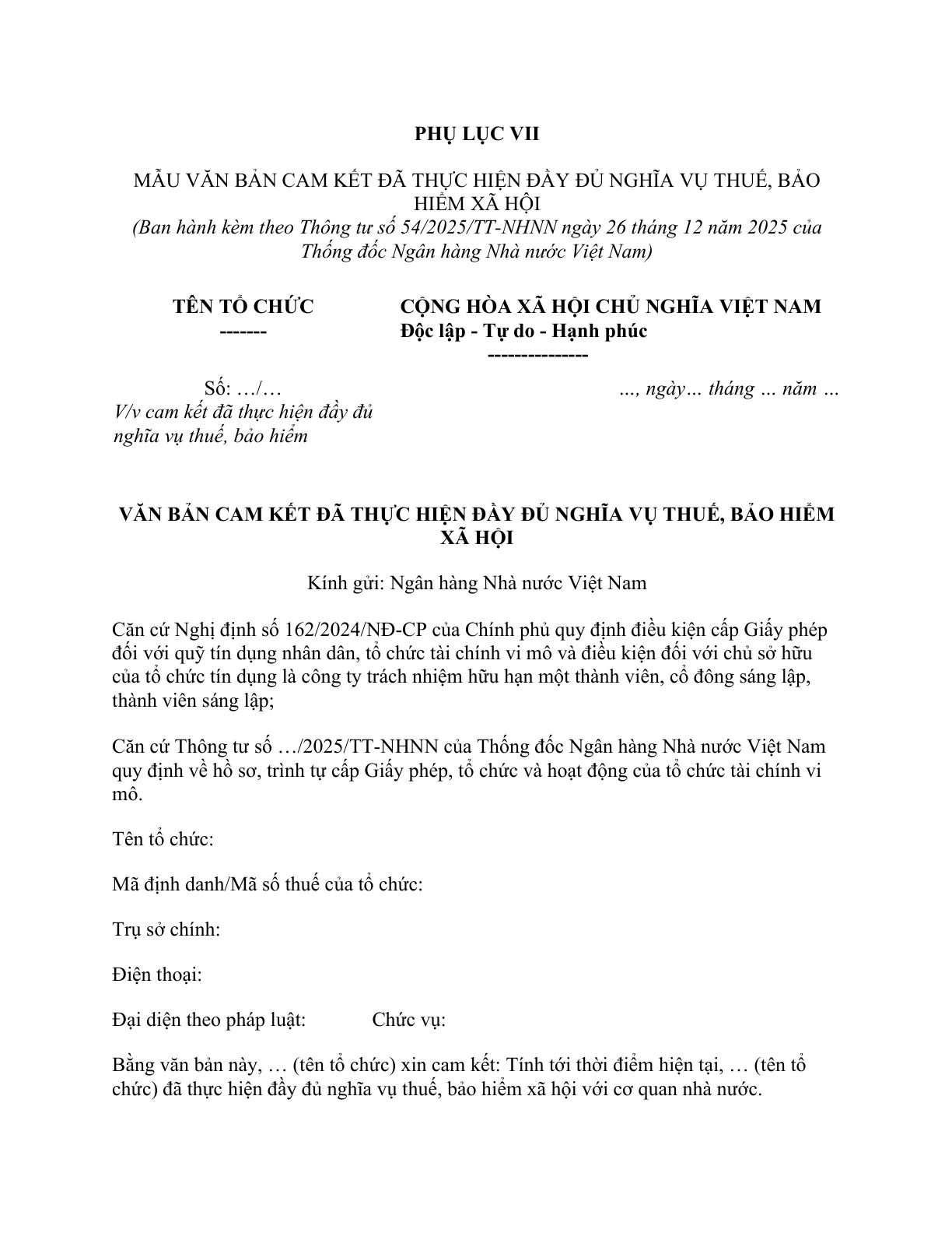MẪU VĂN BẢN CAM KẾT ĐÃ THỰC HIỆN ĐẦY ĐỦ NGHĨA VỤ THUẾ, BẢO HIỂM XÃ HỘI (TRONGHỒ SƠ ĐỀ NGHỊ CẤP GIẤY PHÉP ĐỐI VỚI TỔ CHỨC TÀI CHÍNH VI MÔ)