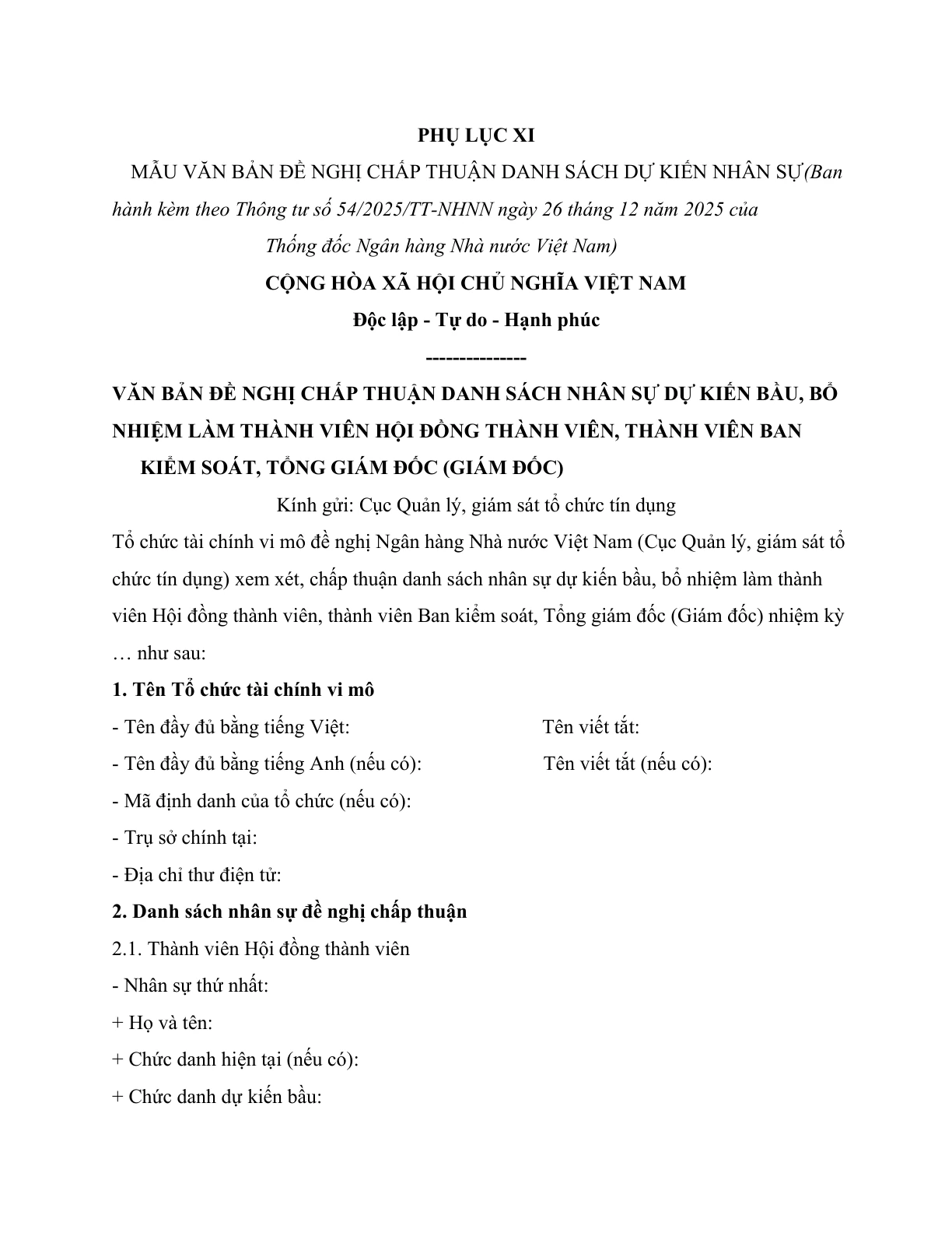 MẪU VĂN BẢN ĐỀ NGHỊ CHẤP THUẬN DANH SÁCH DỰ KIẾN NHÂN SỰ CỦA TỔ CHỨC TÀI CHÍNH VI MÔ
